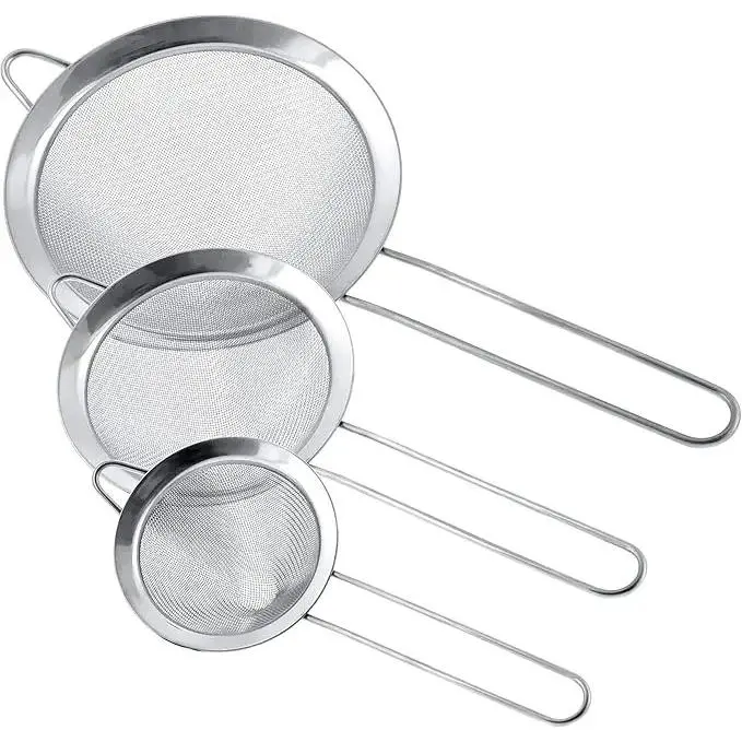 3-piece stainless steel cone filter, available in 3 different diameter sizes (3 inches, 4 inches, 5.5 inches), with solid handle and hook, perfect for juicing, flour, and filtration