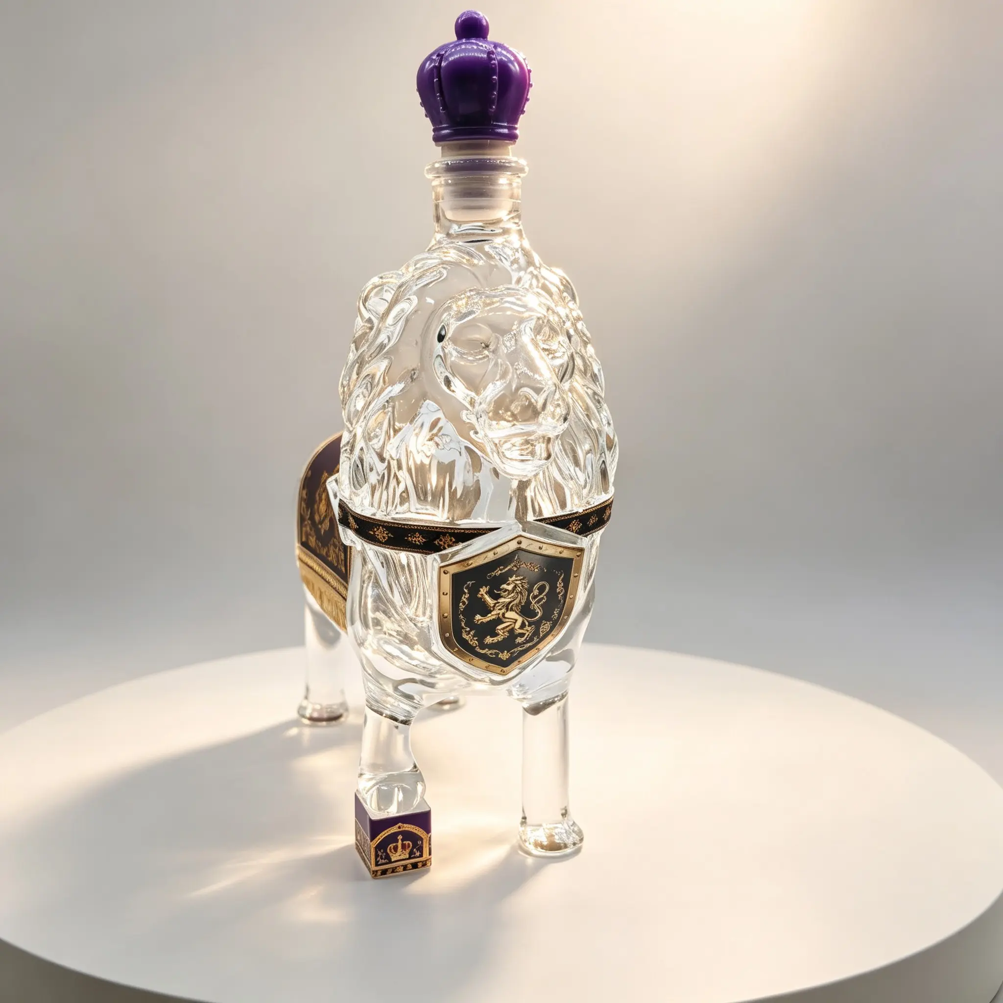 Crown Lion‑Shaped Glass Decanter Bottle, decorative empty liquor glass bottle, royal lion figure whiskey container, unique home bar display ornament, art glass craft piece, for liquor storage, table display and premium gift for spirit collectors.