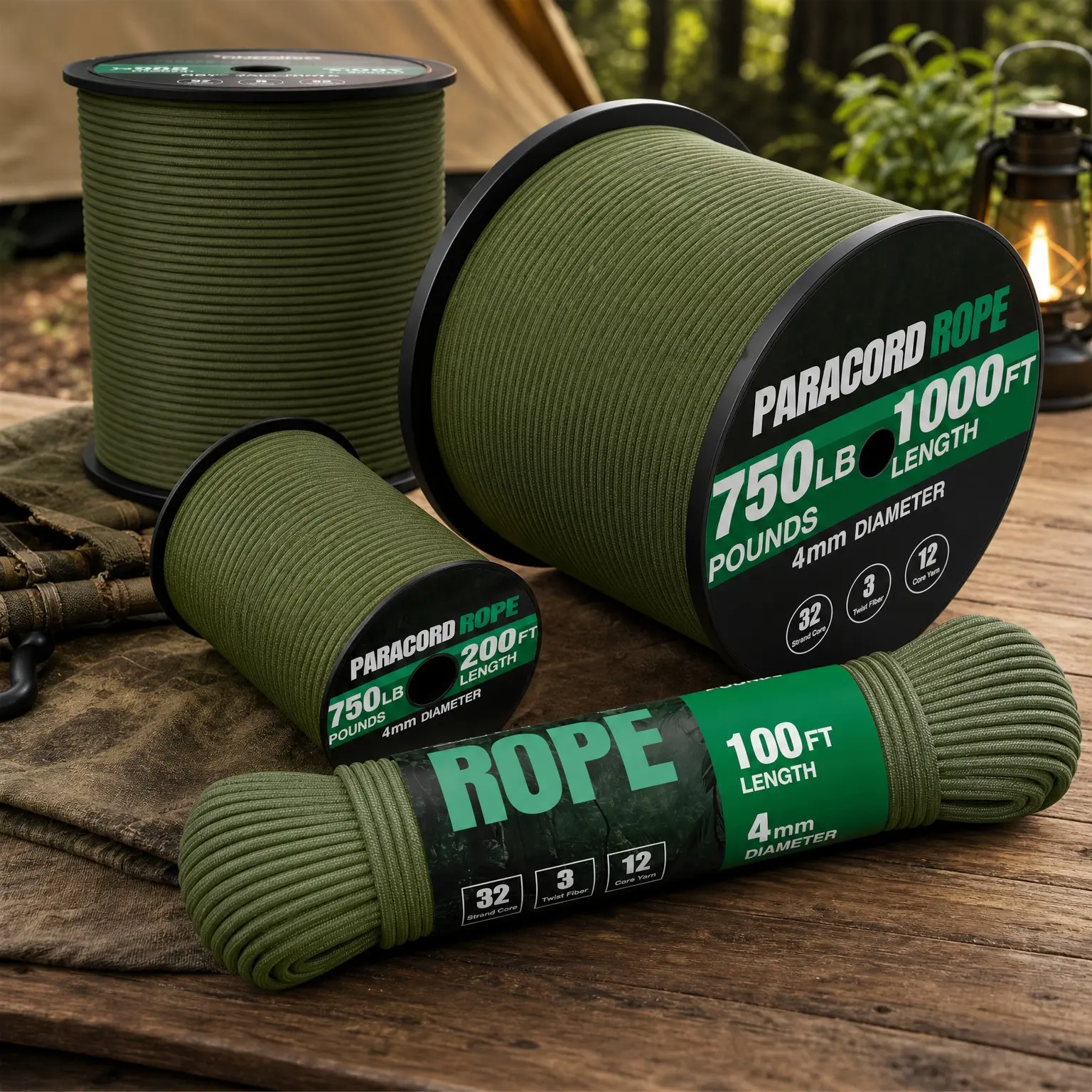 750 lb Paracord Rope - 1000ft/500ft/200ft/100ft, 5/32 inch 4mm 12-Strand Heavy Duty Parachute Cord for Survival, Camping Gear, Bracelets, Clothesline
