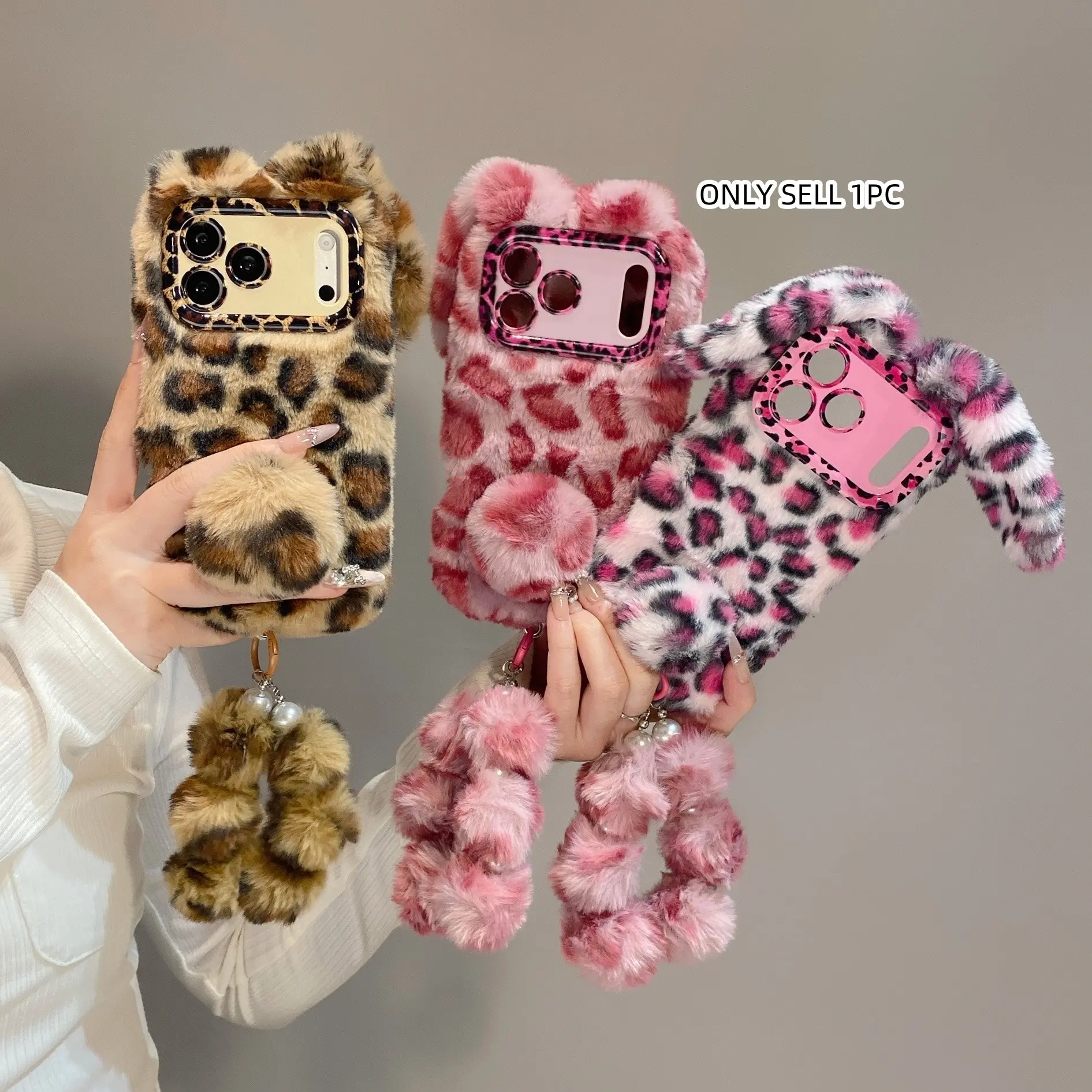 Luxury Winter Plush Leopard Rabbit Phone Case with Bracelet and Lens Stand, Full Protection for iPhone 17-11 Pro Max, Fashion Gift