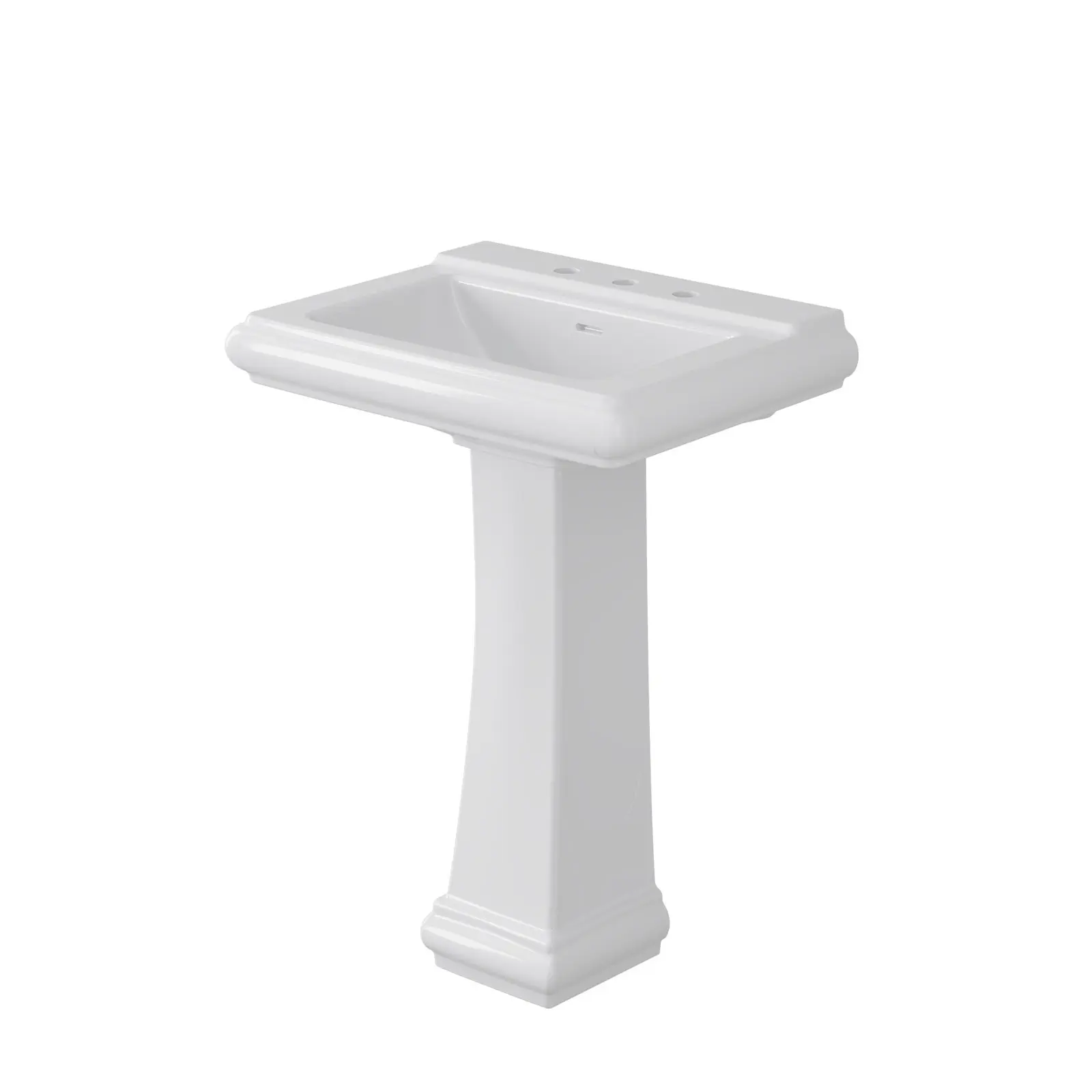 Modern White Ceramic Pedestal Bathroom basin – Rectangular Basin with Overflow – Freestanding Design – 3 Pre-Drilled Faucet Holes – Ideal for Restroom or Powder Room