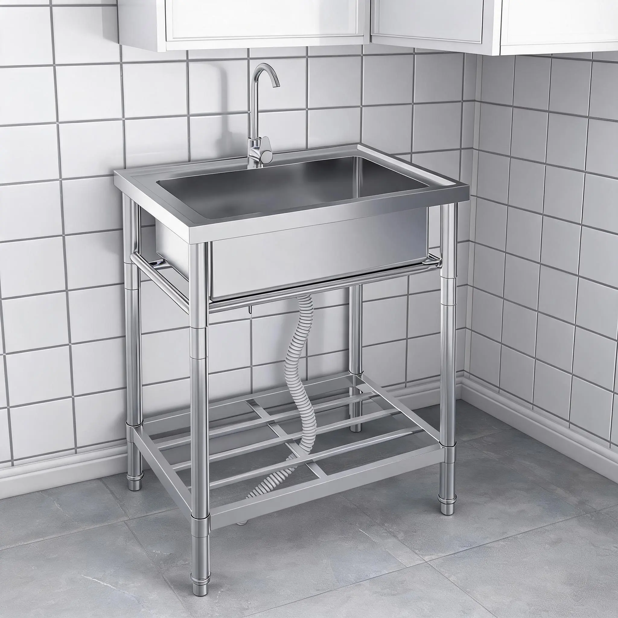 Stainless Steel Free Standing Utility basin - Commercial Single Bowl with Hot & Cold Water Pipes - Durable Laundry & Kitchen Basin for Restaurants, Garage, Outdoor Use