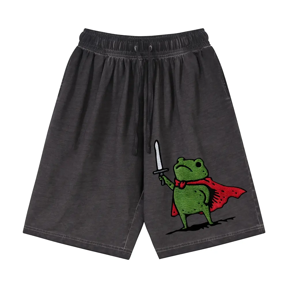 Unisex Hero Frog with Sword and Red Cape, Retro Cartoon Style Graphic Gradient Washed Shorts Personalized Pattern Y2k Clothing Gradient Washed Shorts,Women's Clothing, Menswear, Vintage Style,Summer Casual Oversized