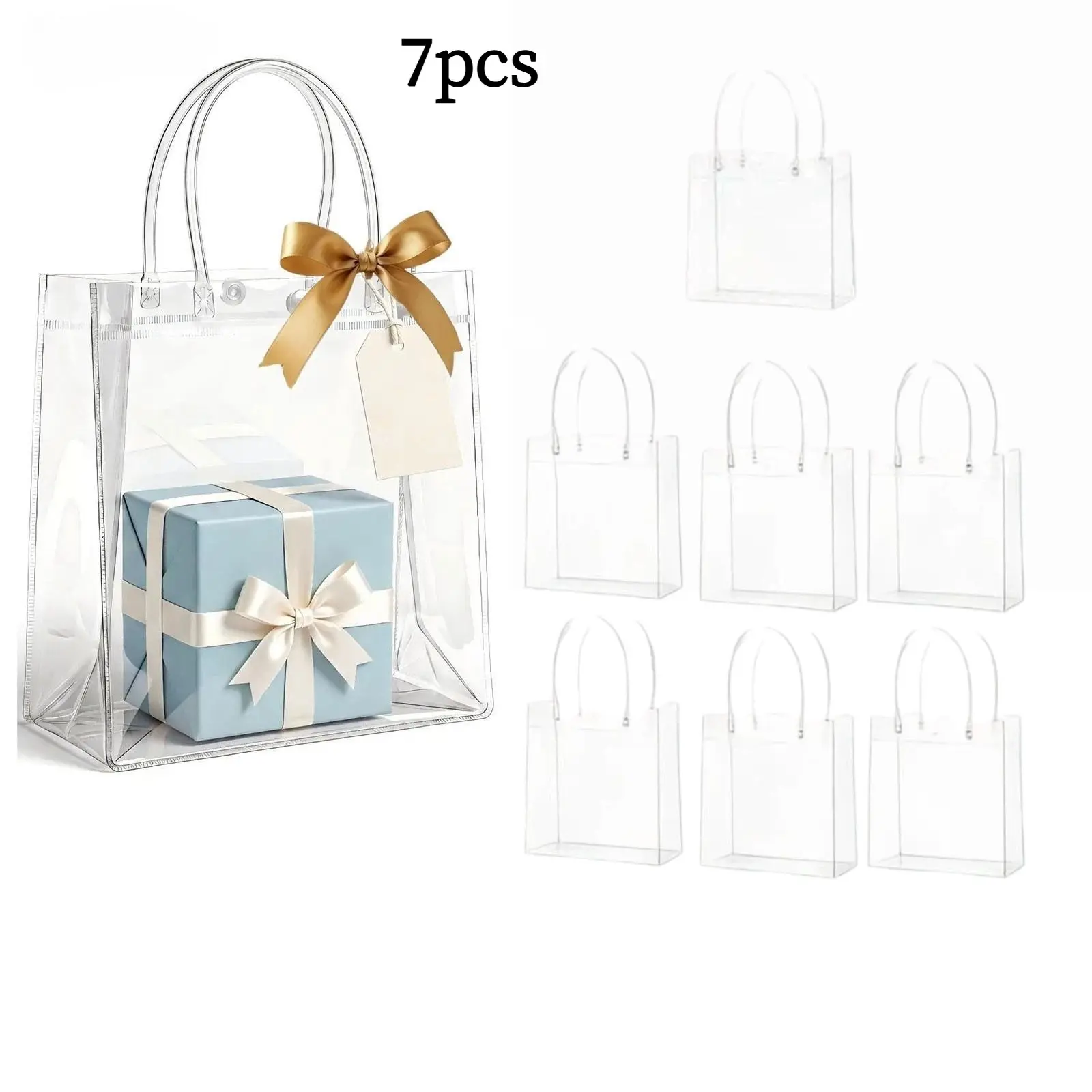Set of 10 Transparent Plastic Gift Wrap Bags with Handles, with 10pcs Champagne Color Ribbon, Waterproof Reusable PVC, Perfect for Halloween, Christmas, Mother's Day, Teacher's Day, Valentine's Day, premium gifts for weddings, birthdays parties.