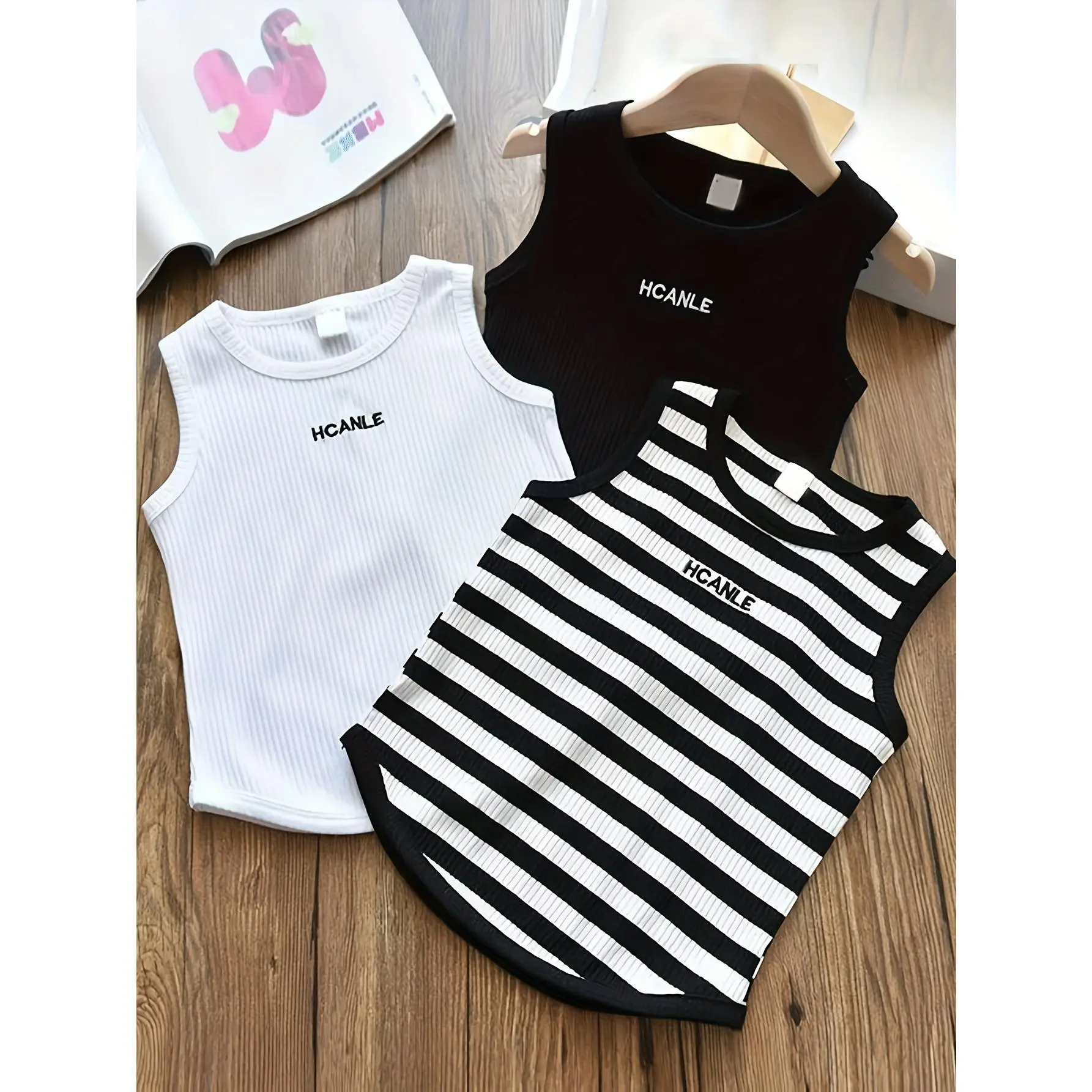 3pcs European and American Girls' Summer Tank Tops, Comfortable Fabric, Striped + Solid Color Casual Sports Tank Tops