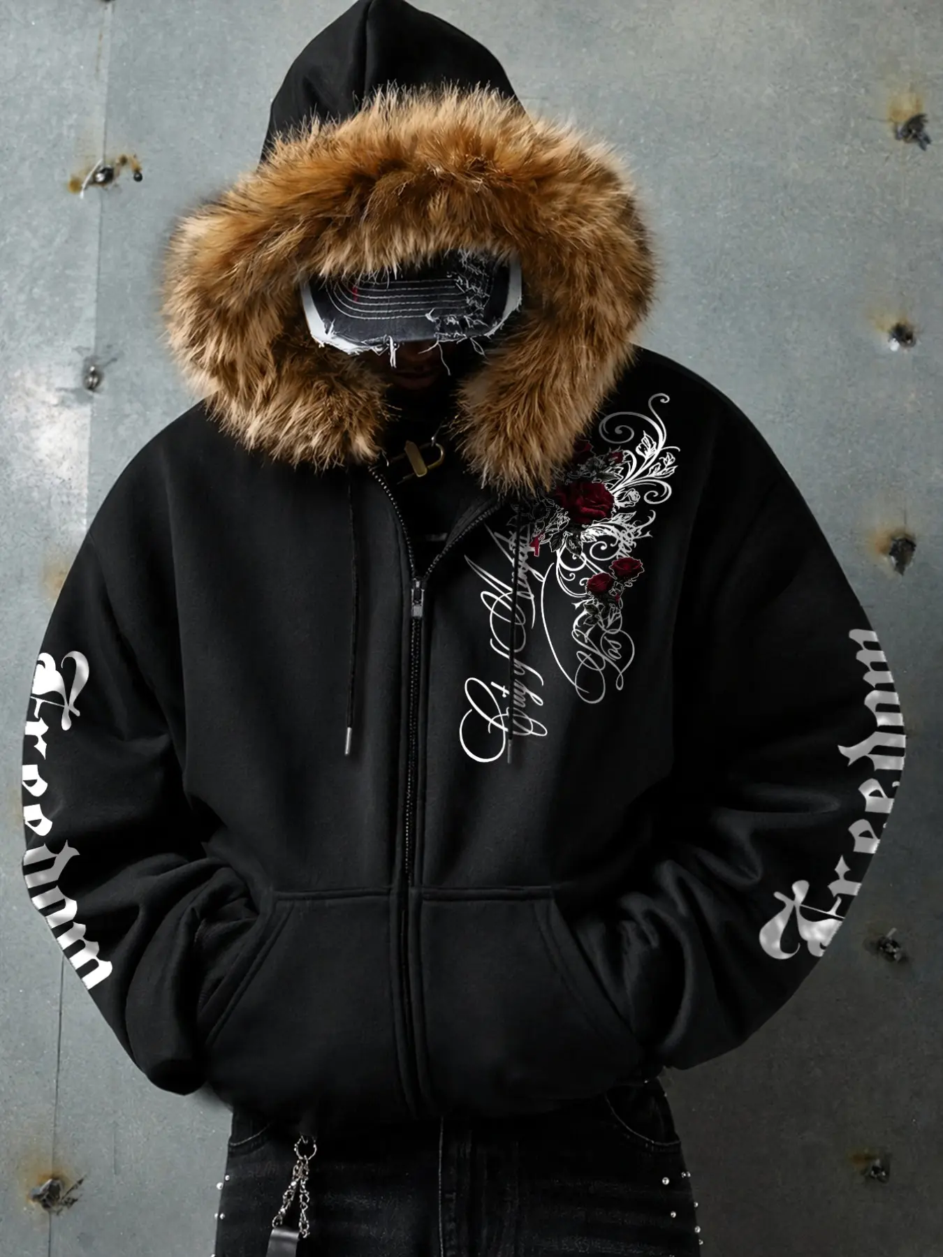 Men's Fall Winter Faux Fur Hooded Zipper Sweatshirt, Detachable Faux Fur, Gothic Dark Rose Print, Casual Street Style Outerwear