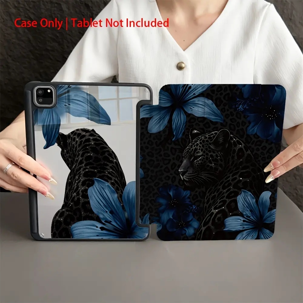 Dark blue floral and black panther pattern; foldable, non-slip TPU protective case featuring an adjustable stand and stylus holder; compatible with Samsung, iPad mini, iPad Air, iPad Pro, iPad (10th/11th Gen), and other iPad series.