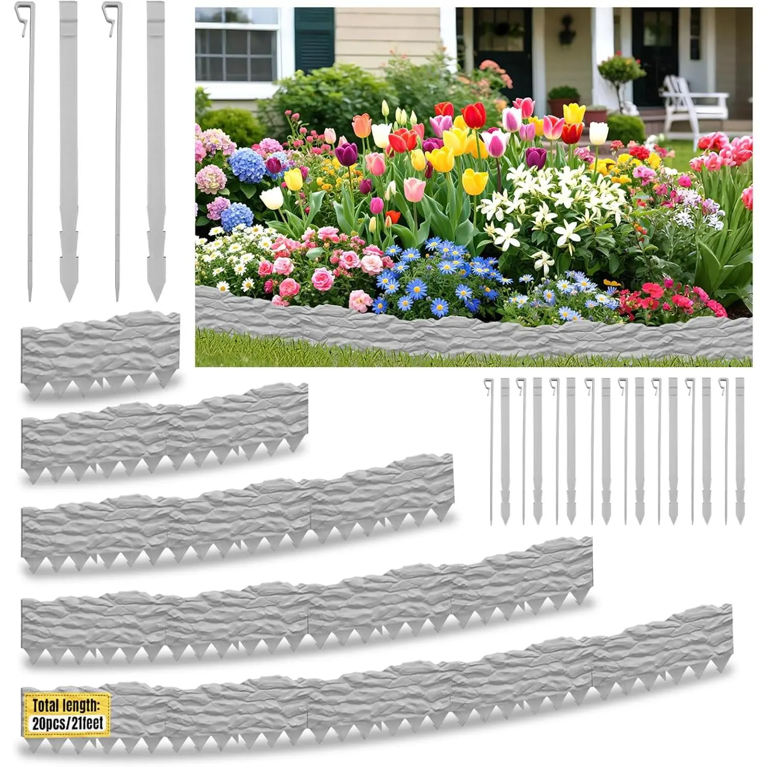 20-Pack No Dig Garden Edging Borders,20FT Plastic Lawn Edging with Spikes & Stone Texture - Easy Interlocking Landscape Edging for Yard, Flower Bed, Driveway, Heavy-Duty & Easy Install