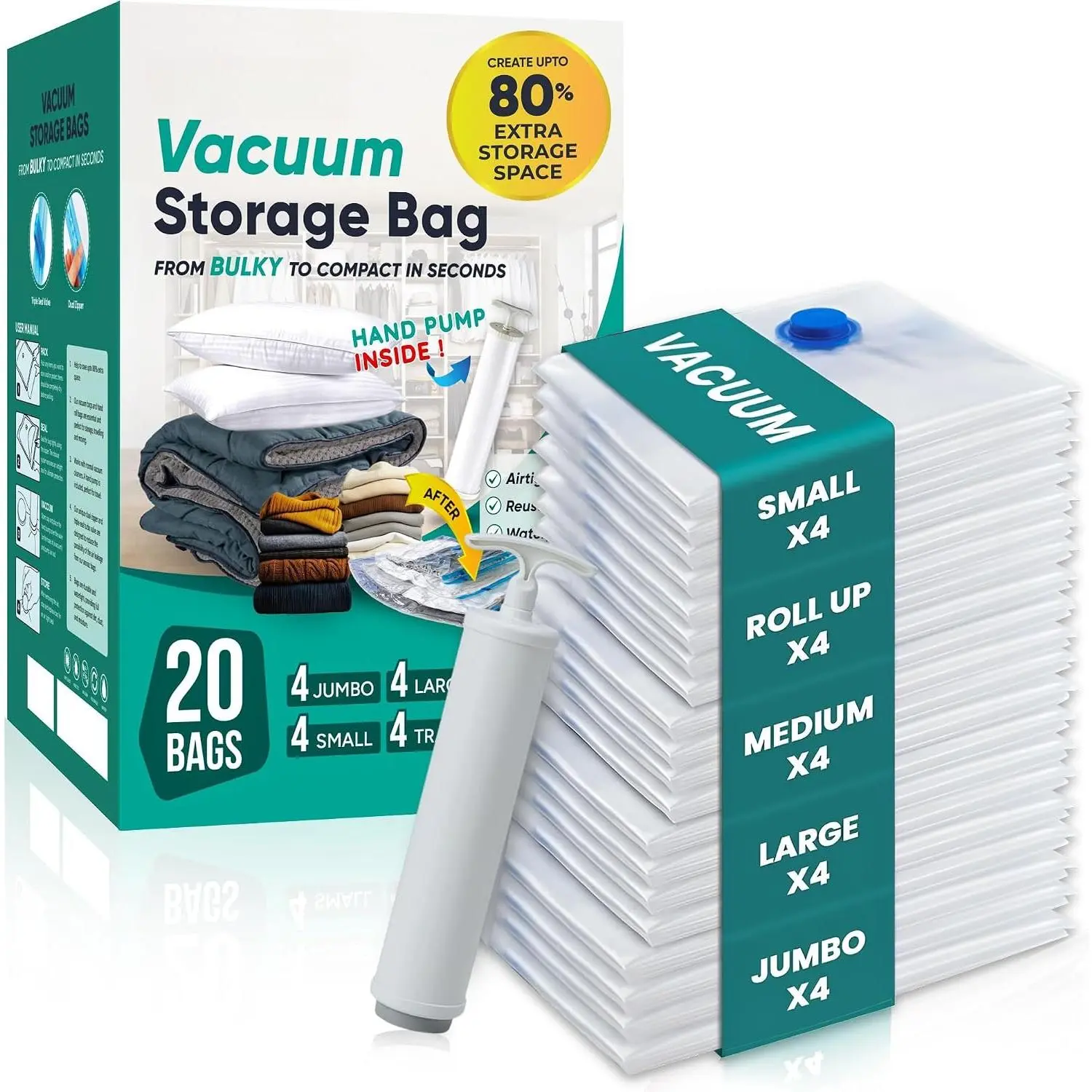 Vacuum Storage Space Saver Bags 80% Compression for Clothing Travel, Plastic Space Saver Suction Bag Clothes, Blankets, Bedding  Large (20 Pack) Hand Pump