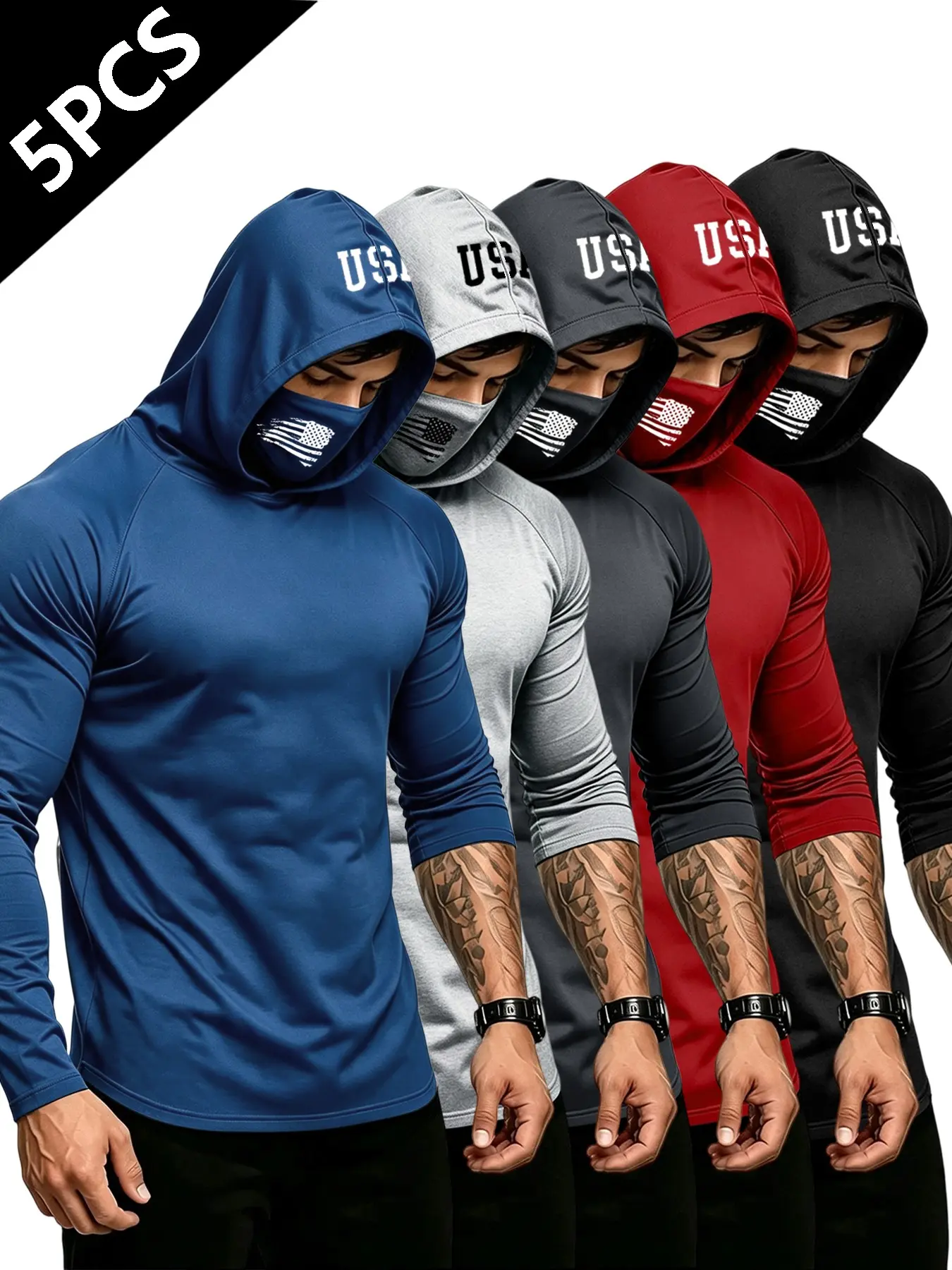 Men's Usa Flag Print Hooded Sun Protection Quick-Dry Long Sleeve Set, Elastic Fitted Cut, Breathable Fabric, Ideal for Fitness & Outdoor Activities