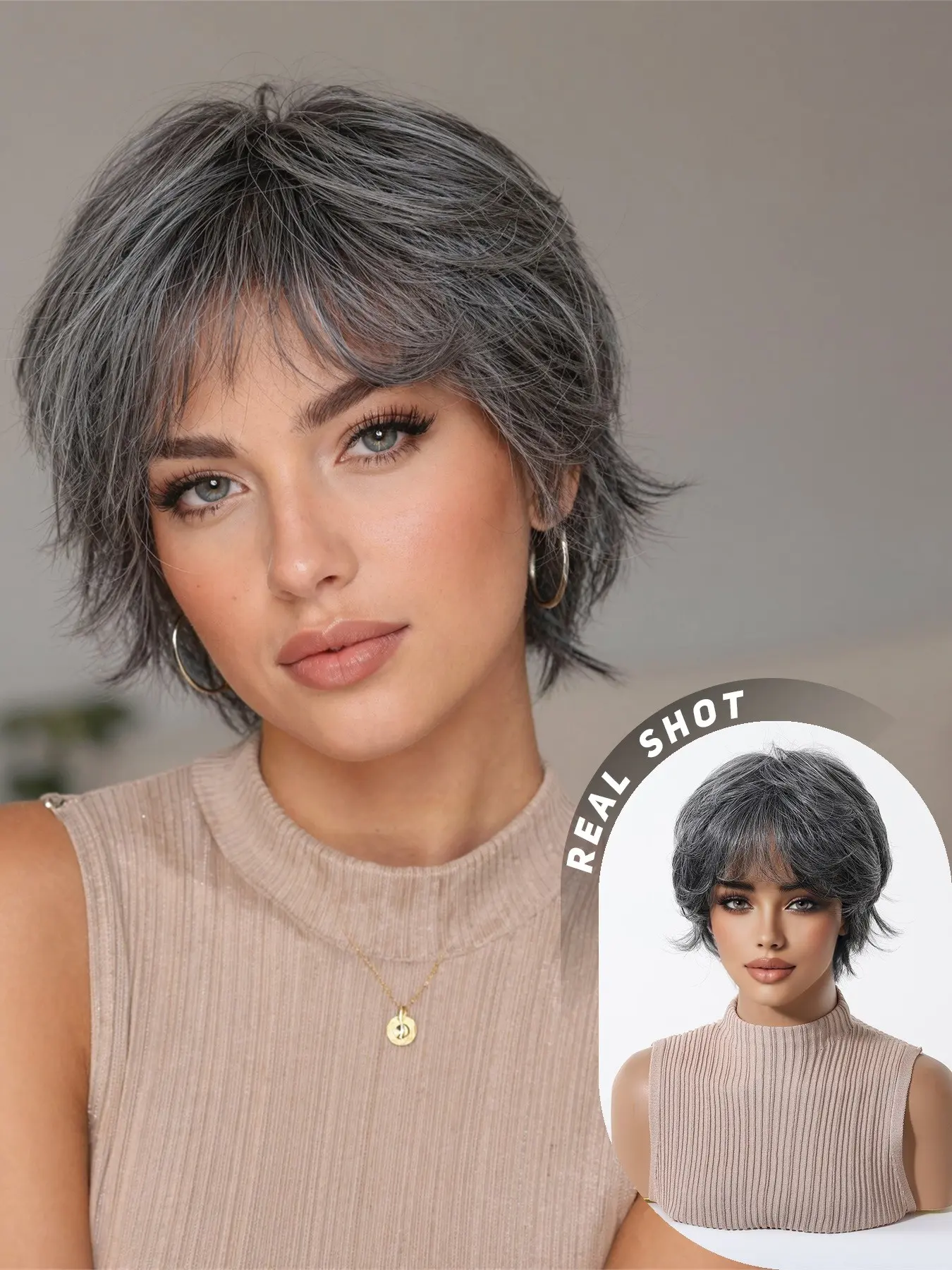 Elegant Silver Short Bob Wig, Straight Synthetic Wig, Low Saturation Realistic Hair Tone, Covers Bald Spots, Versatile Daily Wear