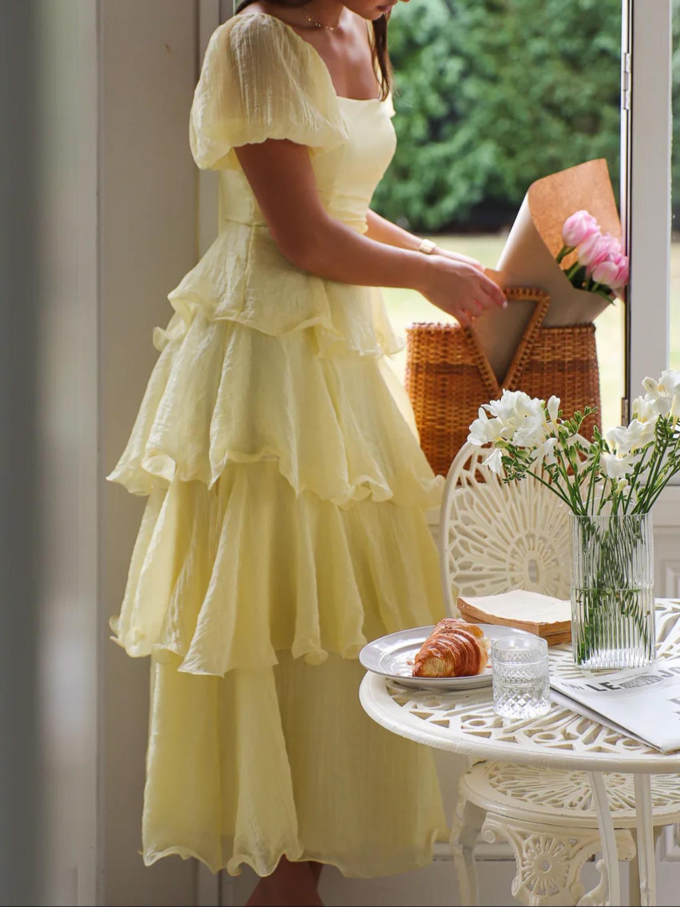 Elegant French Style Square Neck Bubble Sleeve Backless Layered Midi Dress, Casual Fitted Plain Design, Perfect for Vacation Wear