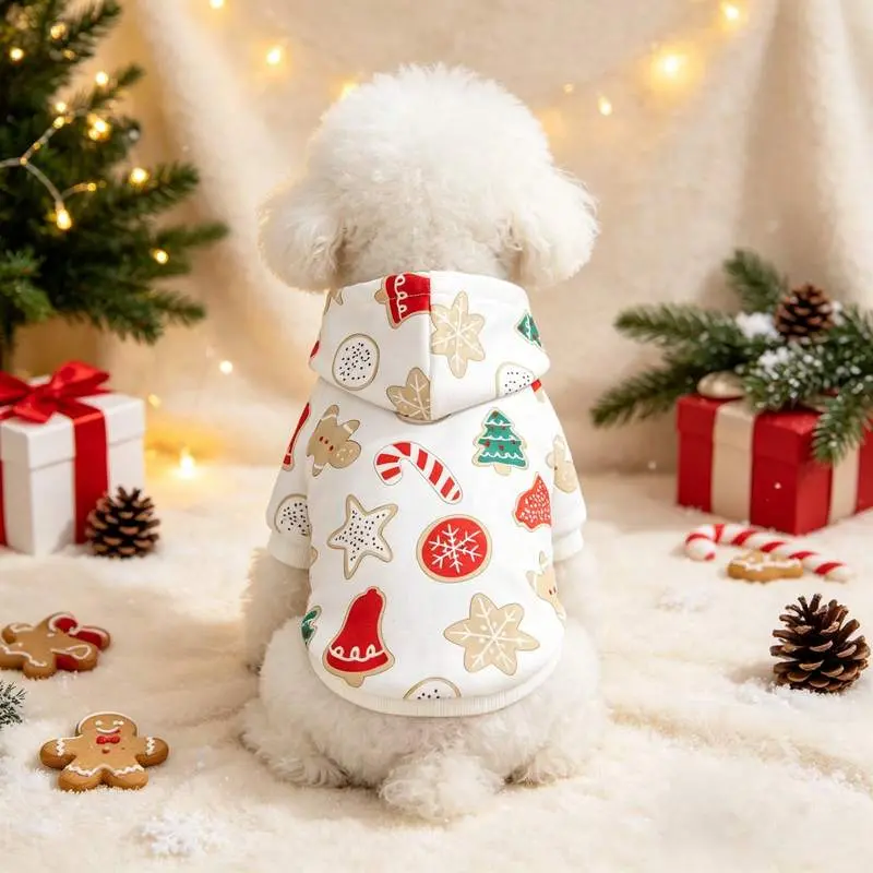 Christmas Dog Hoodie Sweatshirt Pet Clothes, Cute Gingerbread Man Cookie Reindeer Santa Claus Print Cat Apparel Outfit, Winter Warm Fleece Hooded Pullover Sweater Coat Xmas Holiday Party Dress Up Accessories For Small Medium Large Dogs Cats Puppy