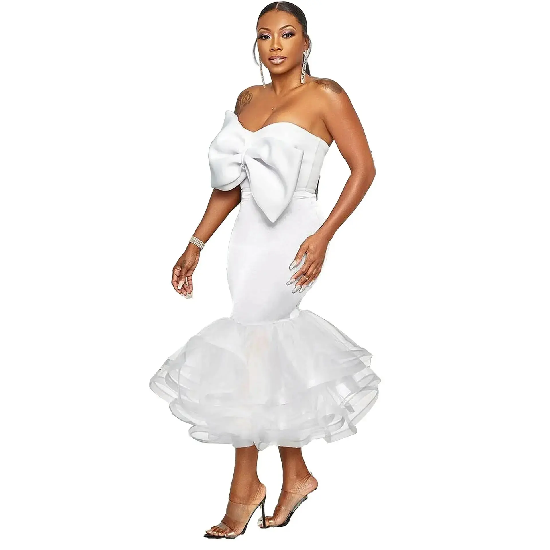 European and American sexy slim fit contrasting color tube top bow mesh hip-covering skirt suit