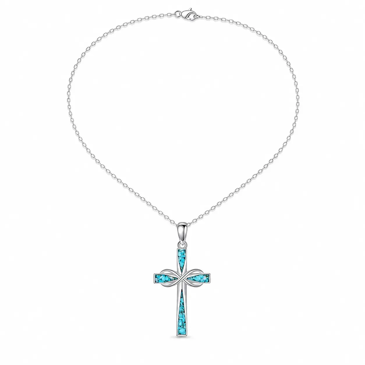 Turquoise Cross Necklace for Women, Silver Tone Infinity Cross Pendant with Stainless Steel Chain, White K Plated Faith Jewelry, Hypoallergenic Gift for Her
