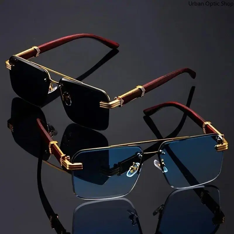 XUH 2-Pack Frameless Double Beam Sunglasses, Unisex Fashion Eyewear with Wood Grain Temples & UV400 Protection, Accessories for Adults, Sunglasses Set, Tinted Lens Sunglasses,summer outifit,travel essentials