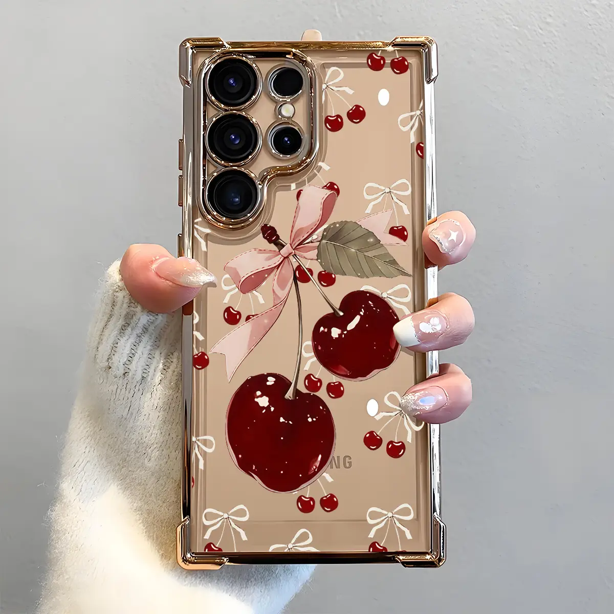 Cute Coquette Red Cherry & Pink Bow Print Phone Case, Electroplated Cover with Airbag Shockproof Slim Soft TPU Cover for Samsung S26 S25 S24 S23 S22 Ultra S25Edge S24FE Plus S25+