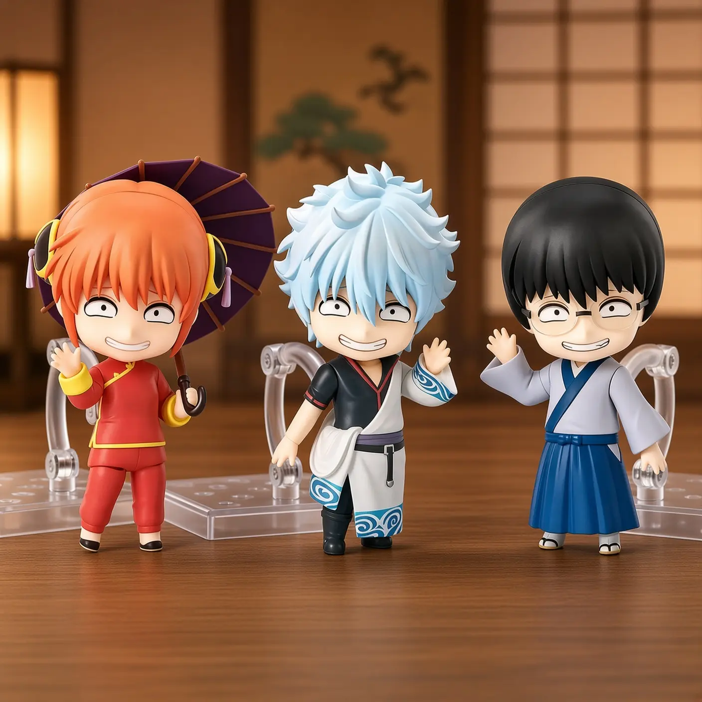 Gintama Chibi Action Figure Collection, 3 Characters Gintoki Shinpachi Kagura Sold Separately or 3-Piece Bundle, Movable Swap Face Anime Figurines with Umbrella Sword Accessories, Boxed Collectible Desk Toy Gift for Gintama Fans