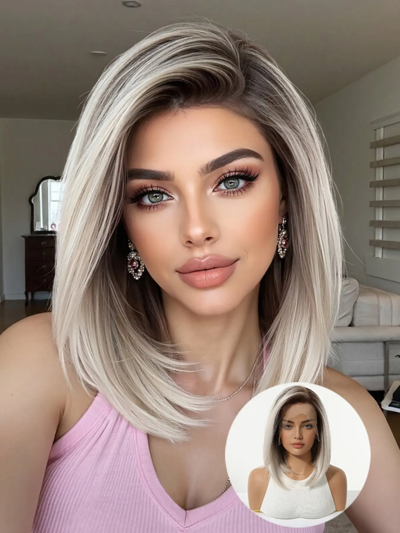 13x6 Platinum Gradient Lace Wig, with Brown Root, 12 Inch Fiber Lace Bobo Hair Wig, Breathable Natural Look, Comfortable Daily Wear