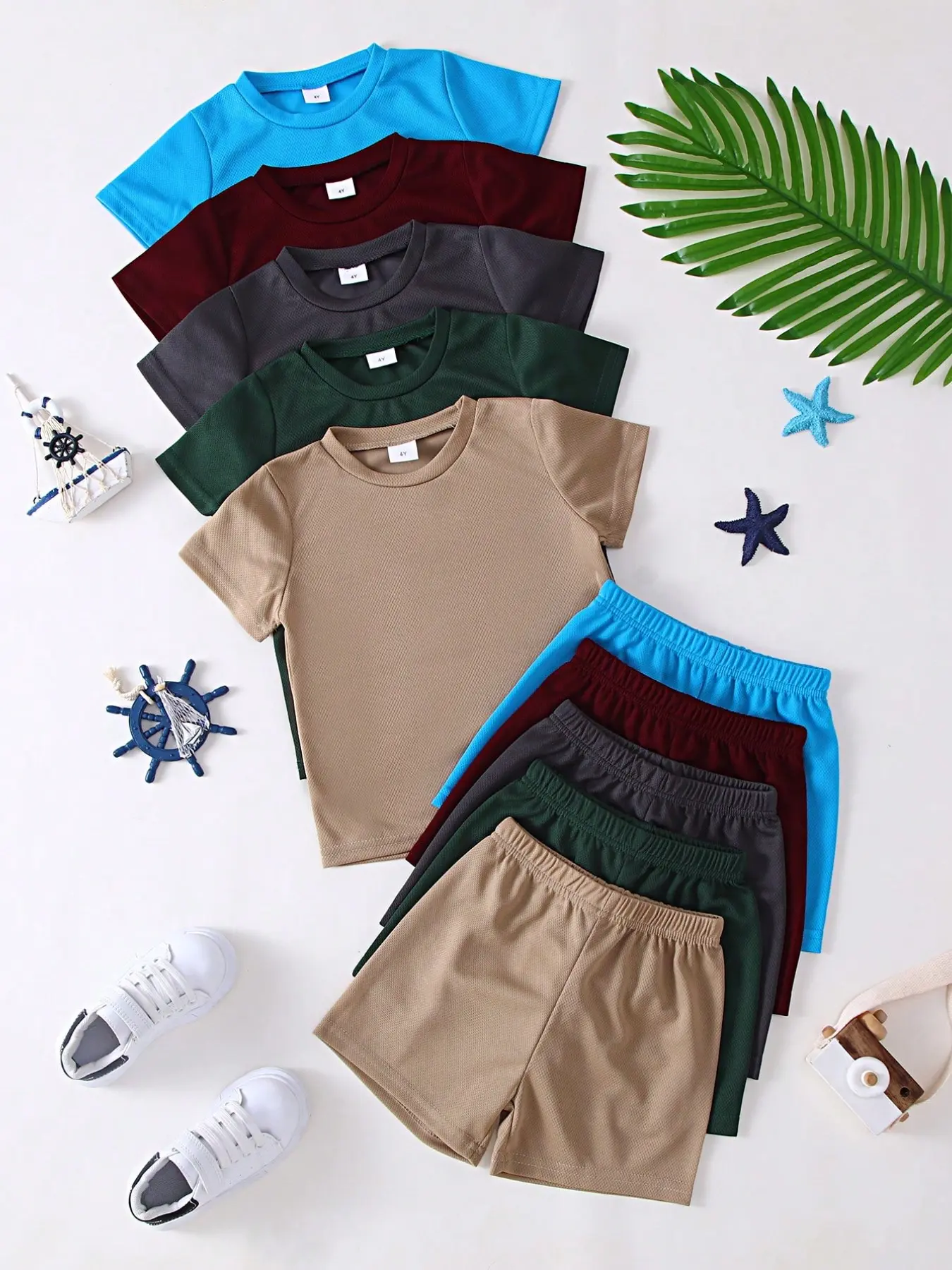 Boys' 10-Piece Set, Casual Style, Colorful Knit Fabric, Versatile T-Shirts, Matching Colorful Shorts, Outdoor, Spring Summer