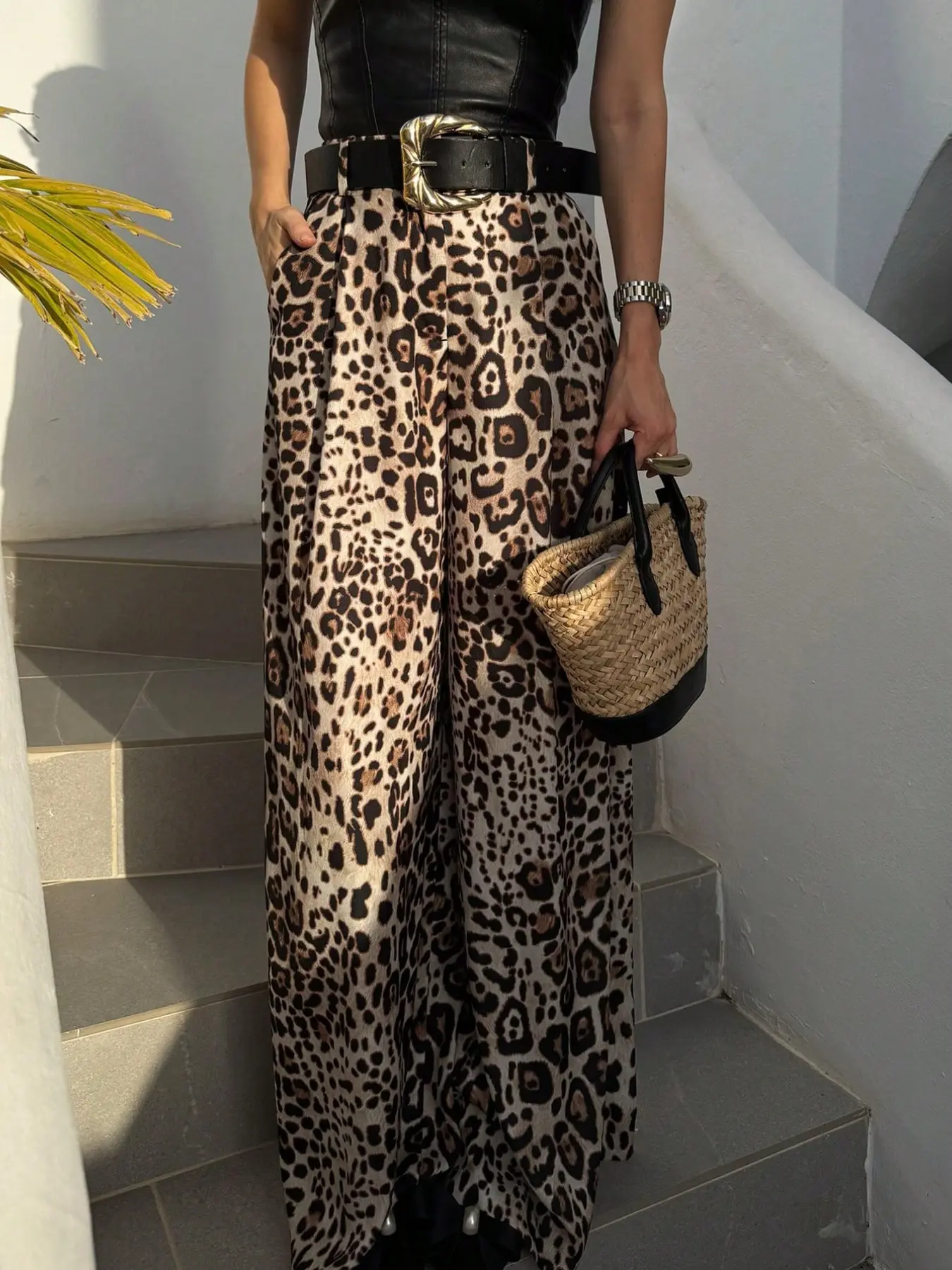 Women's Leopard Print Wide Leg Baggy Pants, High Waist A-Line Pleated Straight Leg, Vintage Elegant Style, Casual Office Wear, All-Season Long Pants, Casual Zipper Trousers, Vintage Printed Pants, Loose