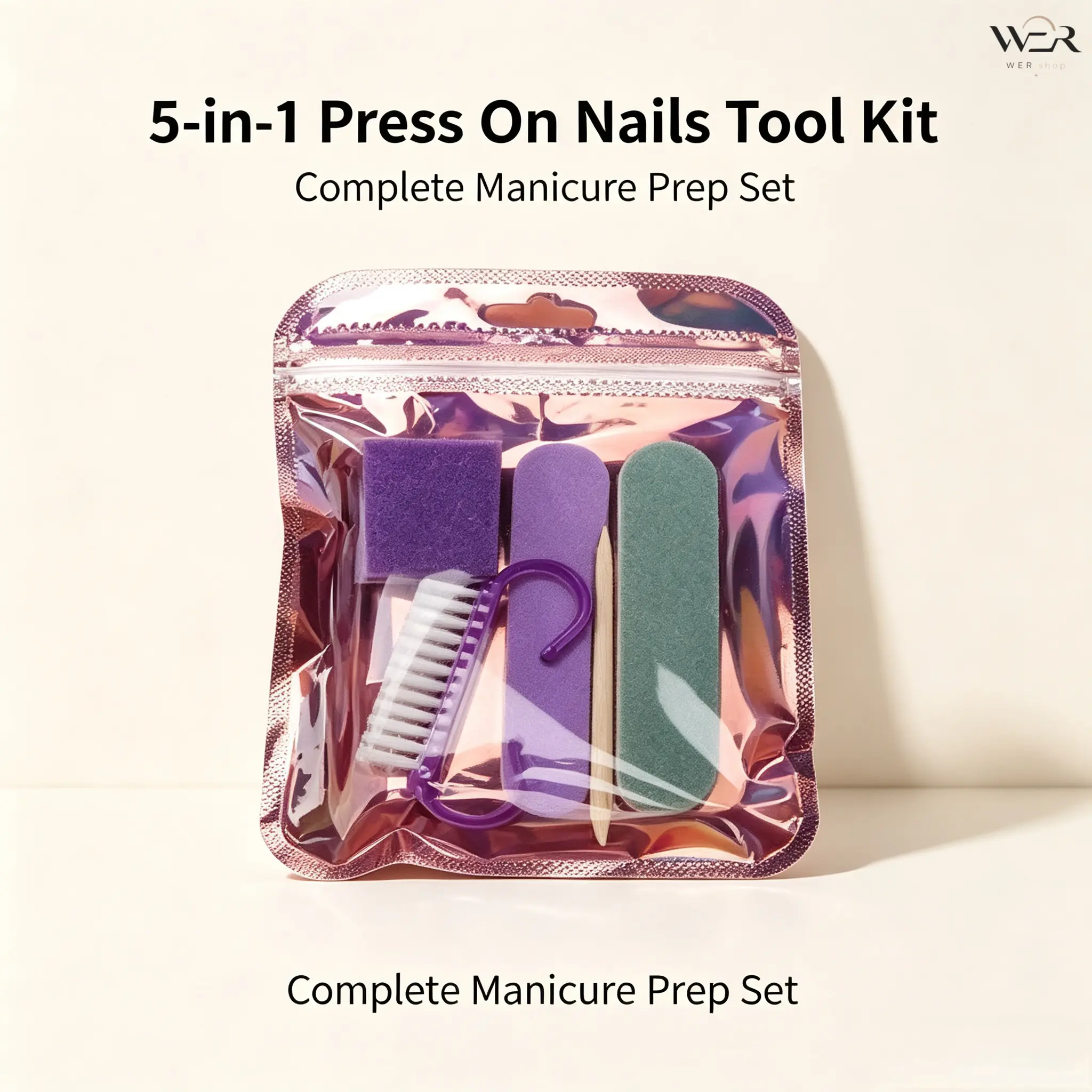 Hot Manicure Accessory Kit, Press‑On Nails 5‑in‑1 Tool Set, Wooden Nail File, Buffing Strip, Wooden Cuticle Stick, Horn Cleaning Brush, Sponge Buffer Block, Portable Practical Nail Art Supplies, Ideal for Home DIY Manicure, Nail Prep and Daily Nail Decora
