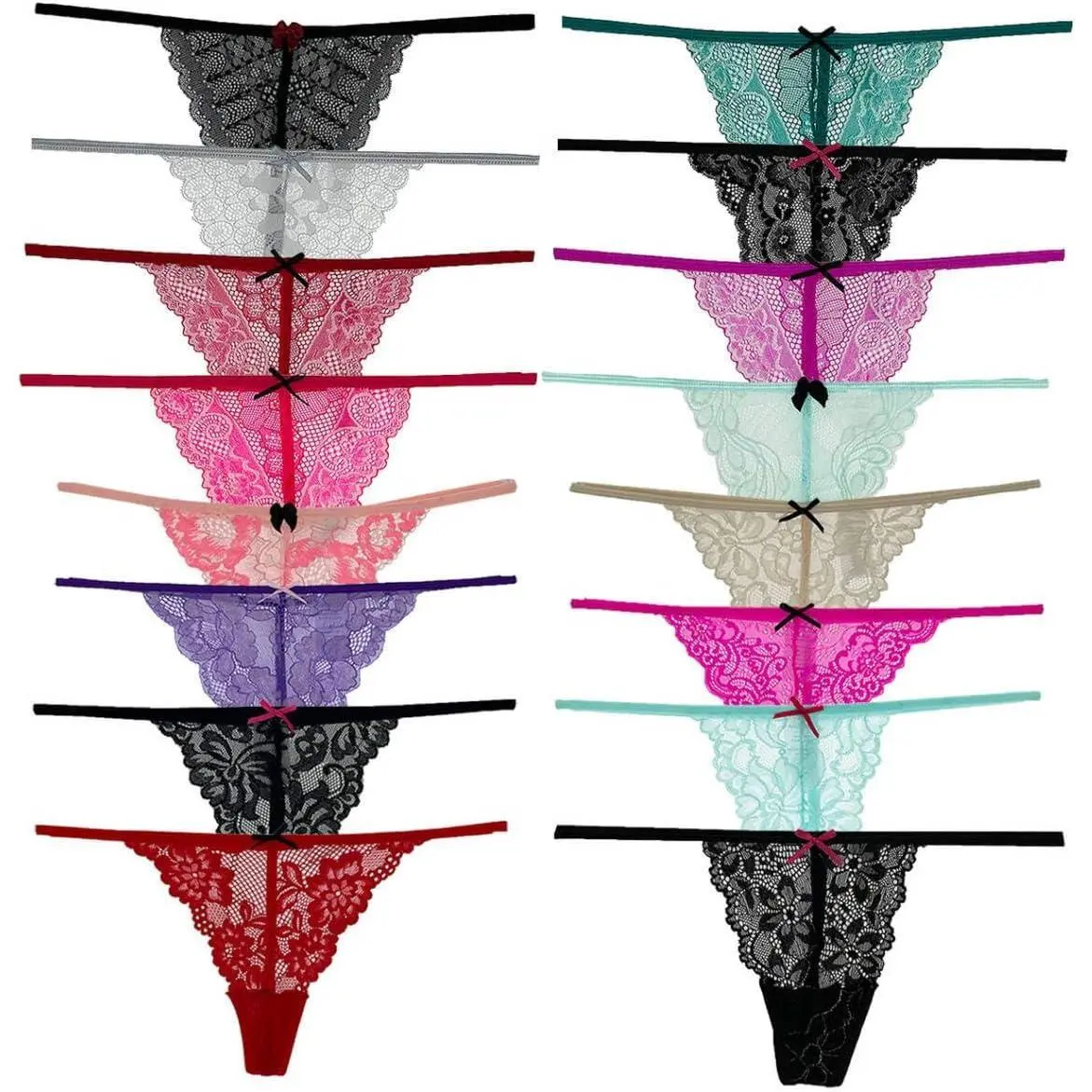 Women's 6-Pack Sexy Lace G-String Thongs - Lightweight Low Waist Soft Nylon No Show Panties with Assorted Colors, Floral Print, Sheer Contrast, Contrast Lace, Pull On Design, Hand Wash Only, Normal Type, Valentines Day, Lady, Sheer Lace