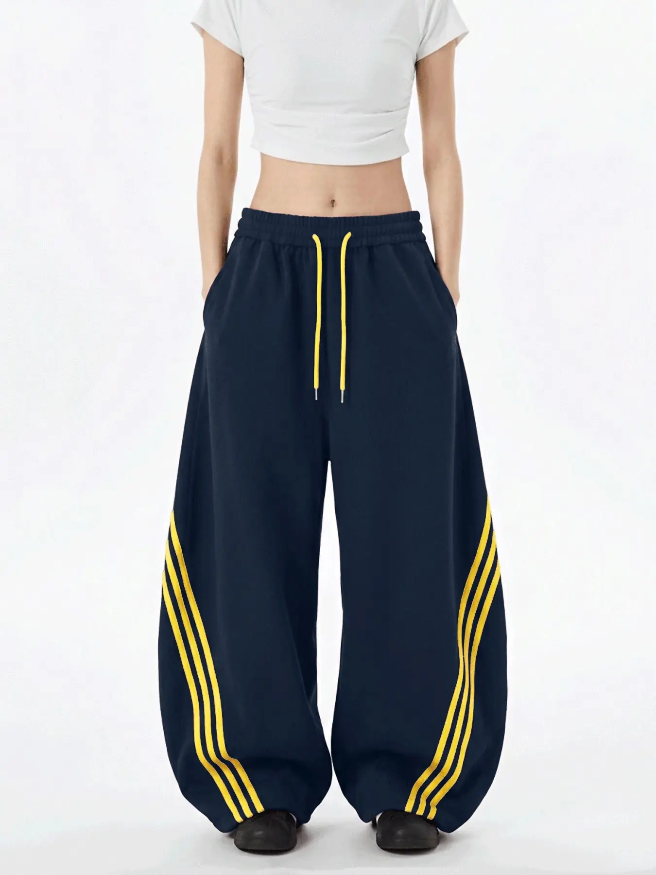 Summer Retro Three Stripes Colorblock Wide Leg Pants, Women's Outdoor Sportswear, Fashion Waist Tie, Casual Long Pants, Gift for Her