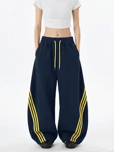 Summer Retro Three Stripes Colorblock Wide Leg Pants, Women's Outdoor Sportswear, Fashion Waist Tie, Casual Long Pants, Gift for Her