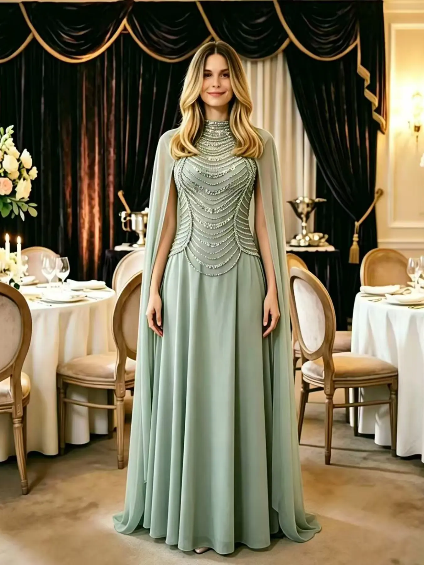 Elegant Women's High Neck Formal Christmas Party Dress, Luxurious Heavy Sequin Beaded Long Robe, Fashionable Loose-Fit Extra-Long Sleeve, Evening Banquet Gown, All Seasons