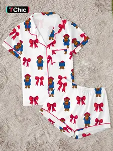 【Halloween】Cute London Cartoon Bear Pajama Set for Women | Nostalgic Graphic Button Up Sleepwear with Red Bows | Soft 2-Piece Short Sleeve Summer Lounge Set | Fun Sleepover PJs | Cozy Everyday Autumn Vibe Home Outfit