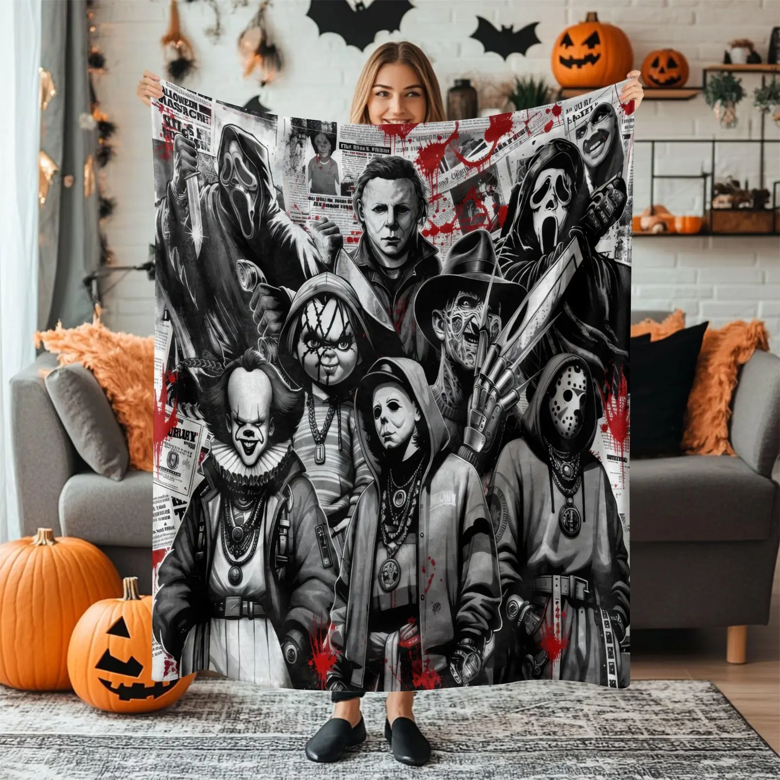 Black and White Sketch Classic Horror Movie Villain Print Flannel Blanket, Soft Plush All-Seasons, Cozy Throw Blankets, Horror Movie Viewing Cover Blanket, Halloween Themed Party Decor Throw, Gift for Horror Film Lovers