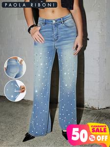 women's patched high waist rhinestone jeans, fashion casual fitted pocket button straight leg denim jeans for daily outdoor wear, womens jeans, jeans for women, womenswear bottom