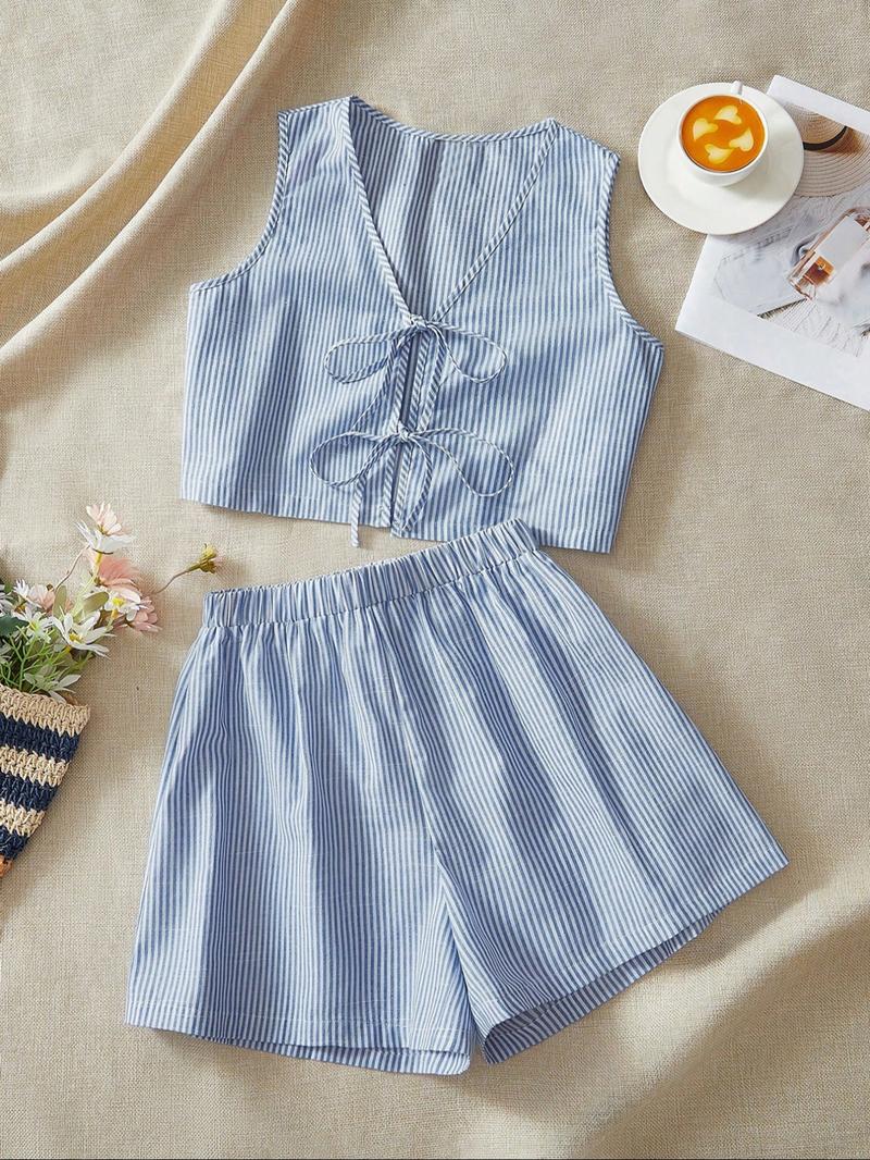 2-piece plaid striped vest and high-waisted loose shorts women's casual suit