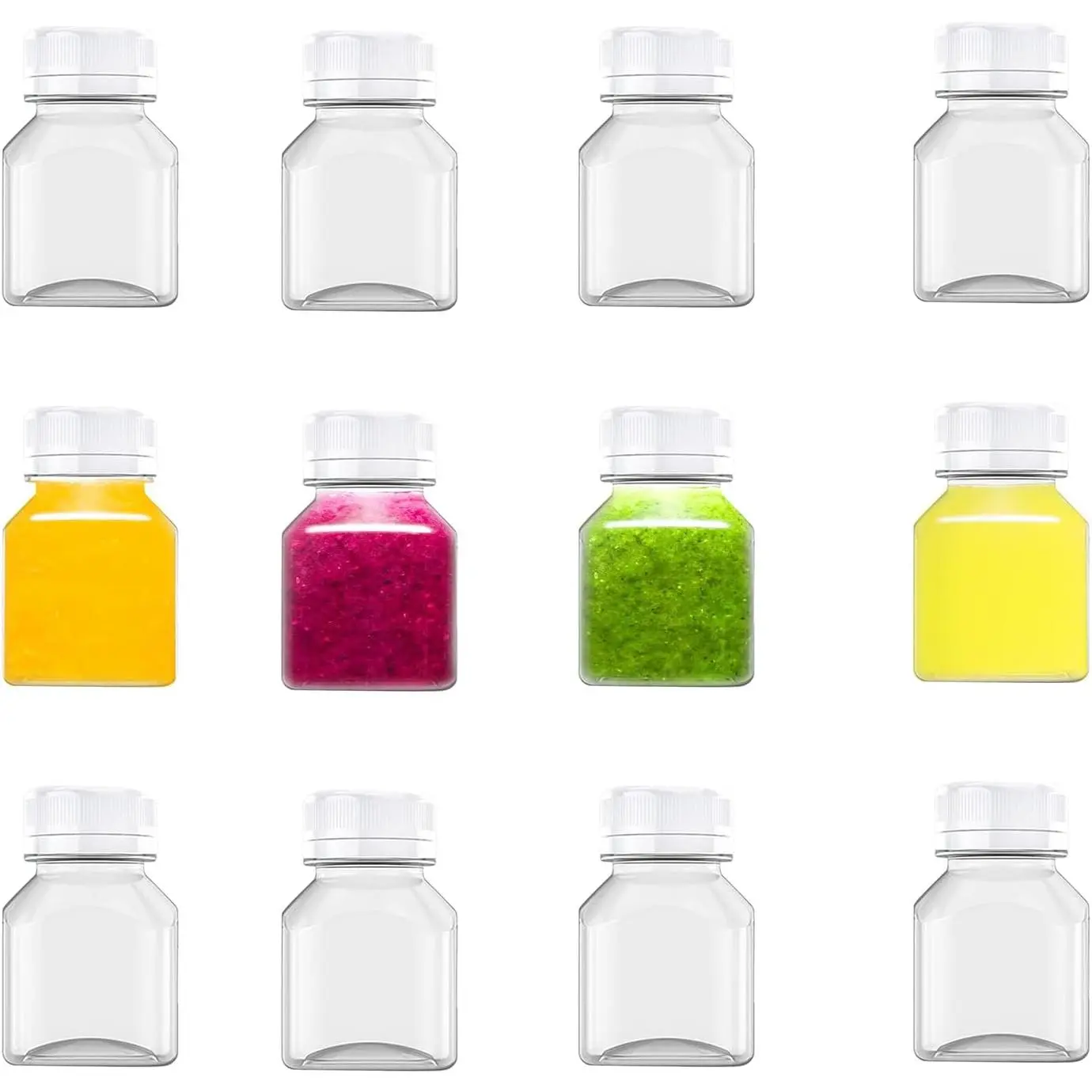 12 count 2oz Plastic Juice Bottles, Small Clear Bottles with , Juice Containers with Caps,  Shot Bottle for Liquids, Ginger Shots, Oil and Other Beverages
