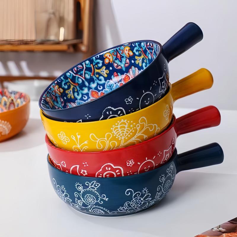 Boho Style Ceramic Salad Serving Bowls with Handle, 2 Counts/set Colorful Flower Pattern Bowl, Microwave & Oven Safe Bowl for Home Baking & Serving, Dinnerware