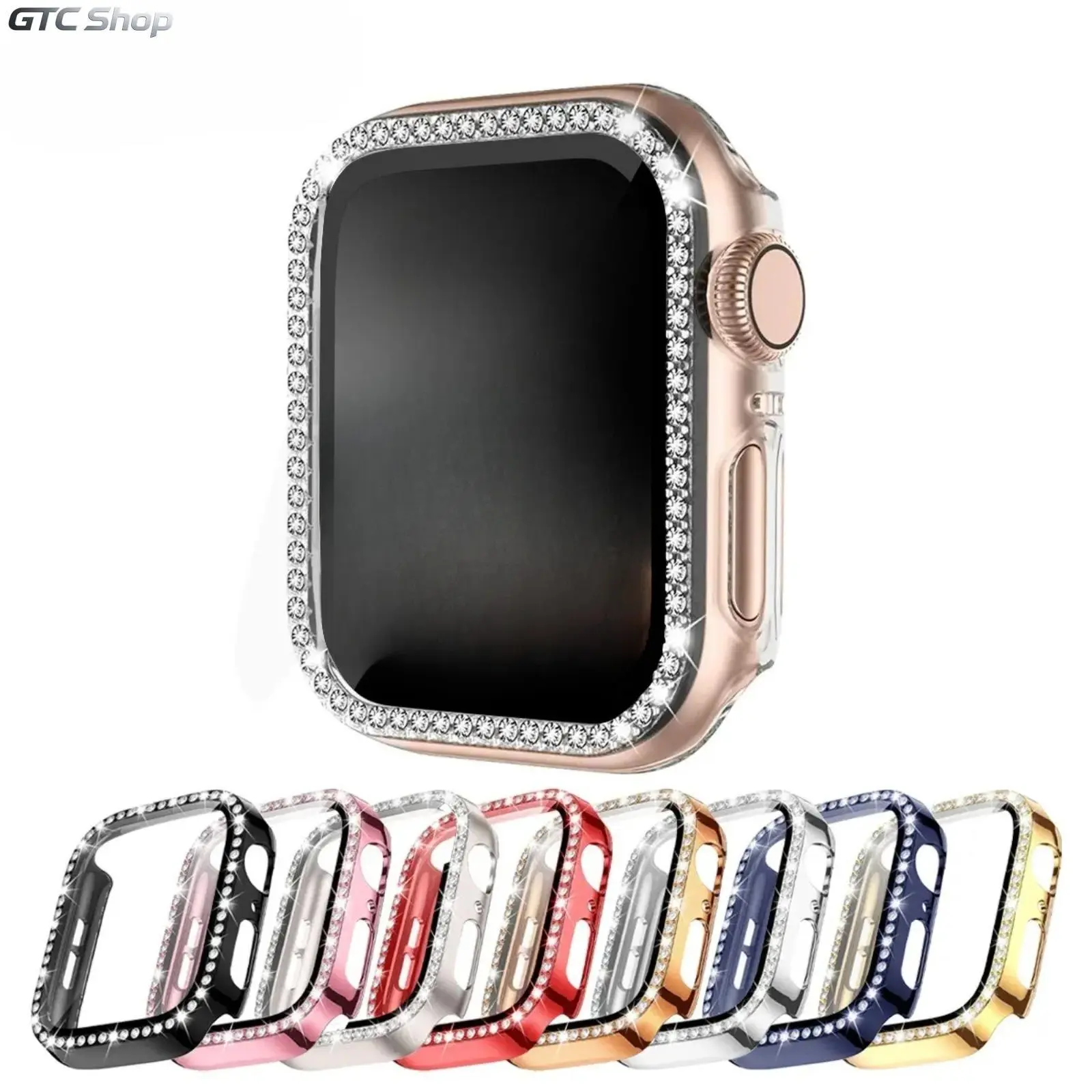 Single Row Bling Rhinestone Inlaid Hard PC Case With Built-In Tempered Glass, 2 In 1 All In One Protective Bumper Cover Compatible With Apple Watch Series 1 2 3 4 5 6 7 8 9 10 11 SE Ultra (Watch Not Included) Smartwatch Accessories Protection
