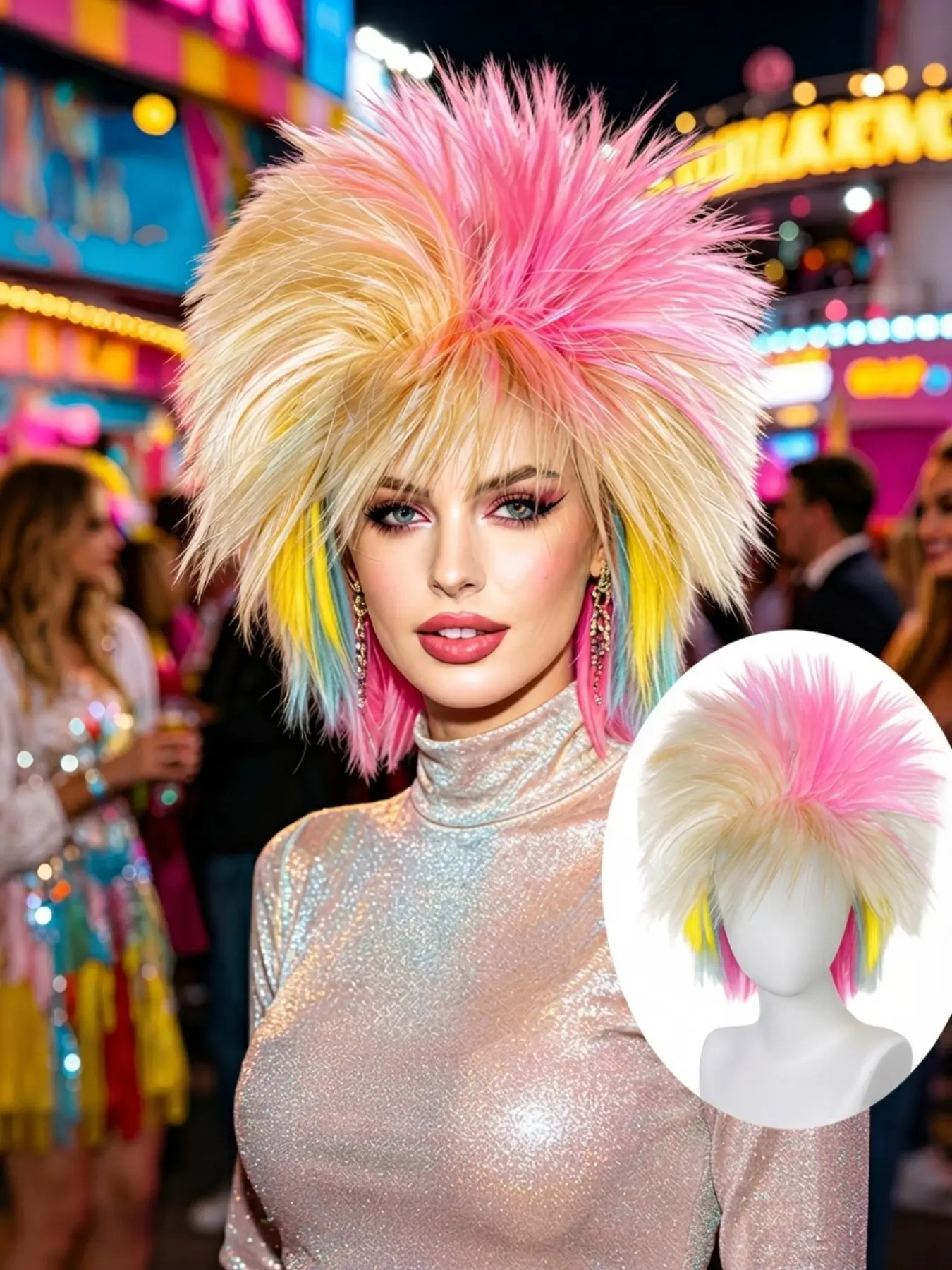 Vibrant Multi-Color Spiky Punk Wig | Extreme Pink & Blonde Contrast Top with Hidden Rainbow Undercut Layers | Ultimate Halloween, Cosplay, Anime, Kpop Costume Hair Transformation! Go Viral!