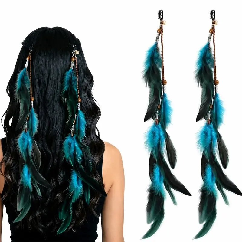 2 Pack Bohemian Natural Feather Hair Barrettes, Retro Indian Ethnic Wooden Bead Tassel BB Hair Clips, Hippie Long Pendant Hair Pins for Beach Vacation, Music Festival & Cosplay Outfit Decor