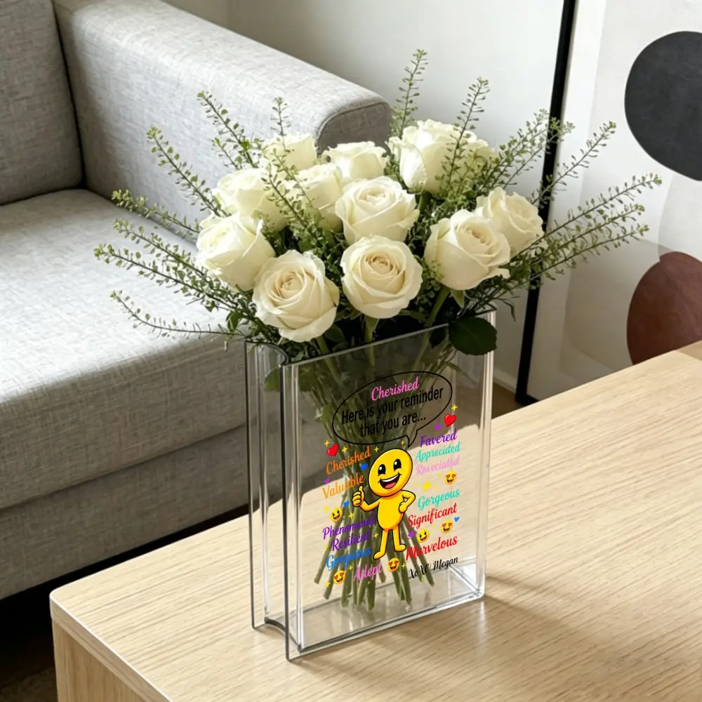 1 Piece Acrylic Yellow Smile Face Cherished Reminder Positive Affirmations Office Home Living Room Decor Modern Transparent Vase For Table Centerpiece