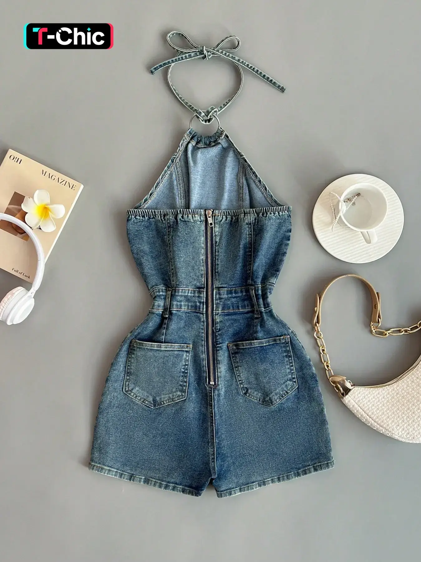 Women's Vintage Denim Romper, Halter Neck Design, Crop Top Style, Casual Fashion, Daily Wear, Summer Retro Jeans Romper
