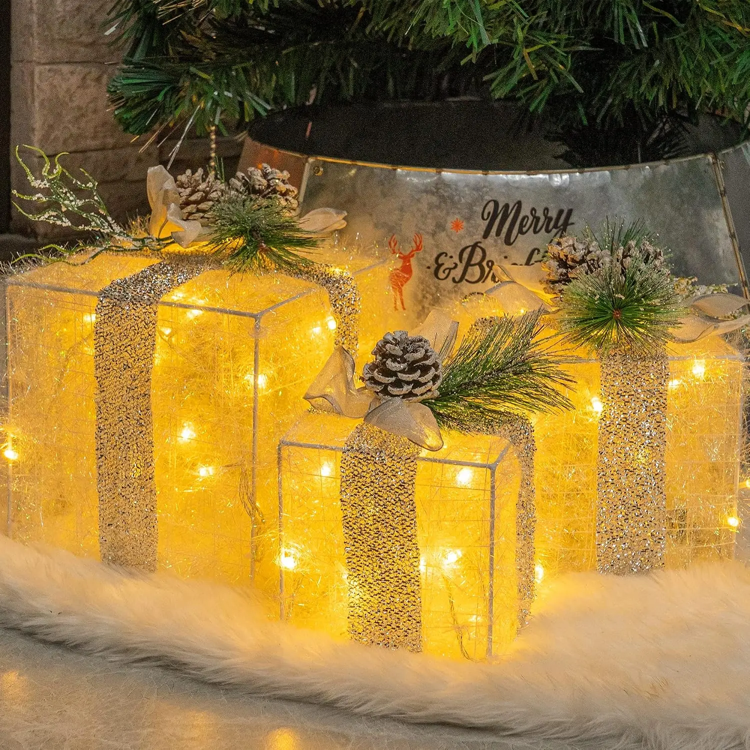 Set of 3 Christmas Lighted  Boxes, Pre-lit 60 LED Light Up Present Boxes Ornament Outdoor Warm White Tinsel Boxes Decoration for Indoor Christmas  Yard Lawn Decor