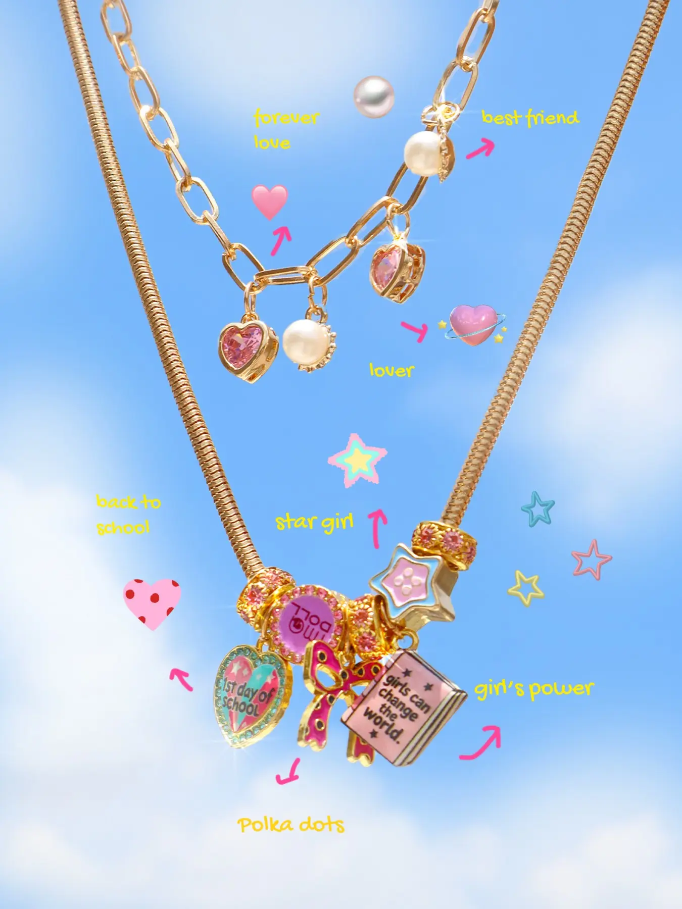 Back-To-School Star Girl Charm Multi-Layer Necklace, Polka Dot Bow Heart Necklace, Slogan Necklace, Chain Necklaces, Fashion Jewelry for Girls