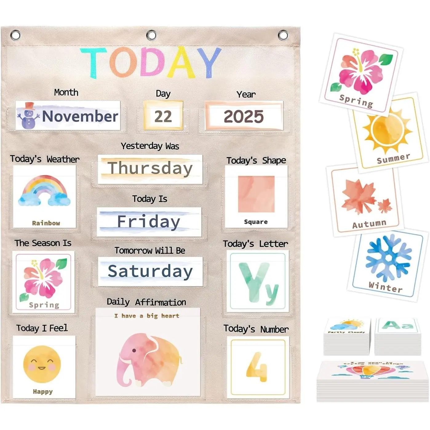 Daily Morning Board Circle Time Calendar Weather Seasons Positive Affirmations Letter Shape Number of the Day Pocket Chart Toddler Preschool Calendar Homeschool Morning Work Activity Pastel Design