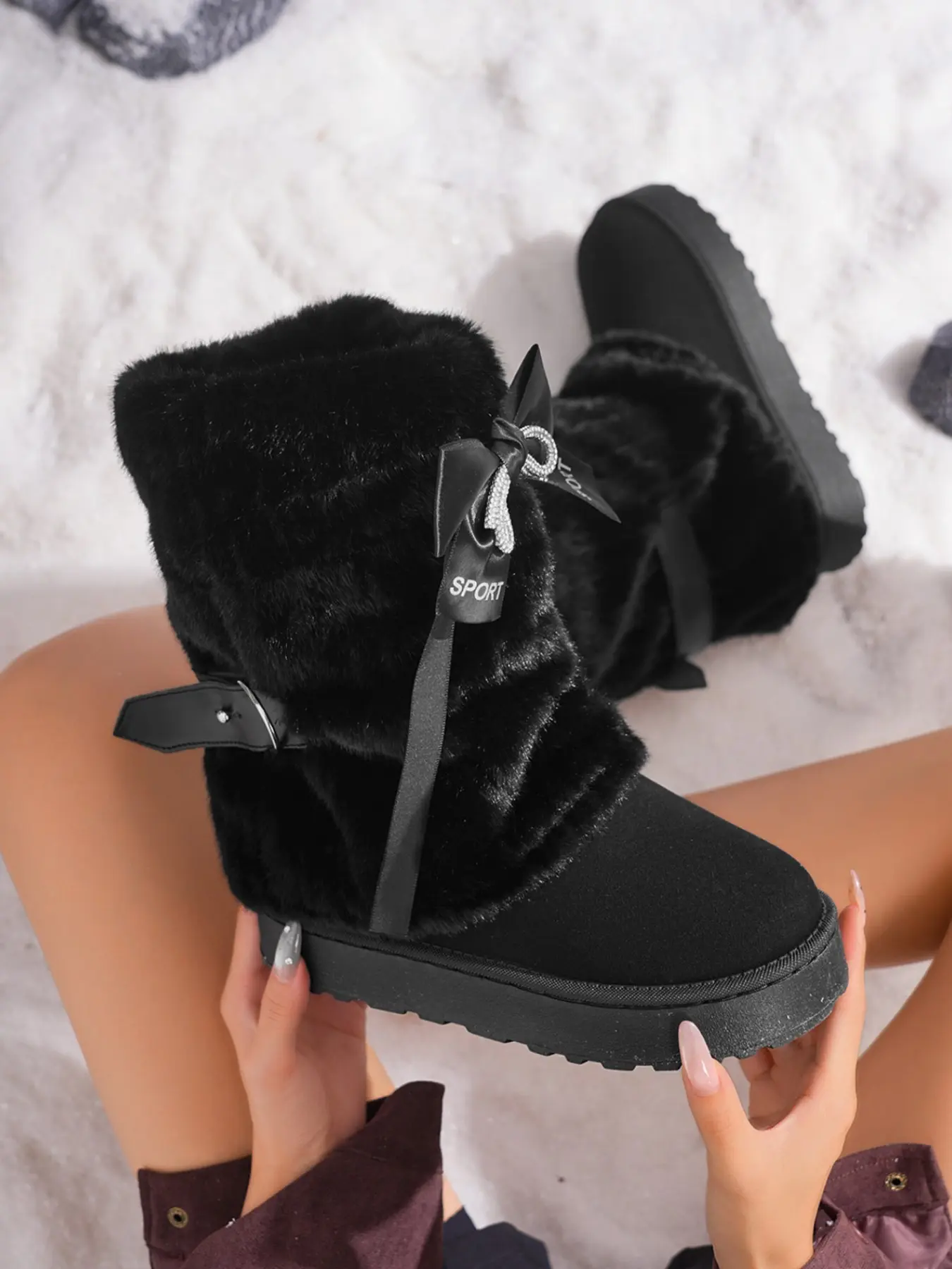 Women's Fluffy Mid‑Calf Snow Boots, Sweet Rhinestone Bow Ribbon Decor Winter Warm Plush Boots, Adjustable Strap Platform Chunky Sole Fashion Cold‑Weather Footwear