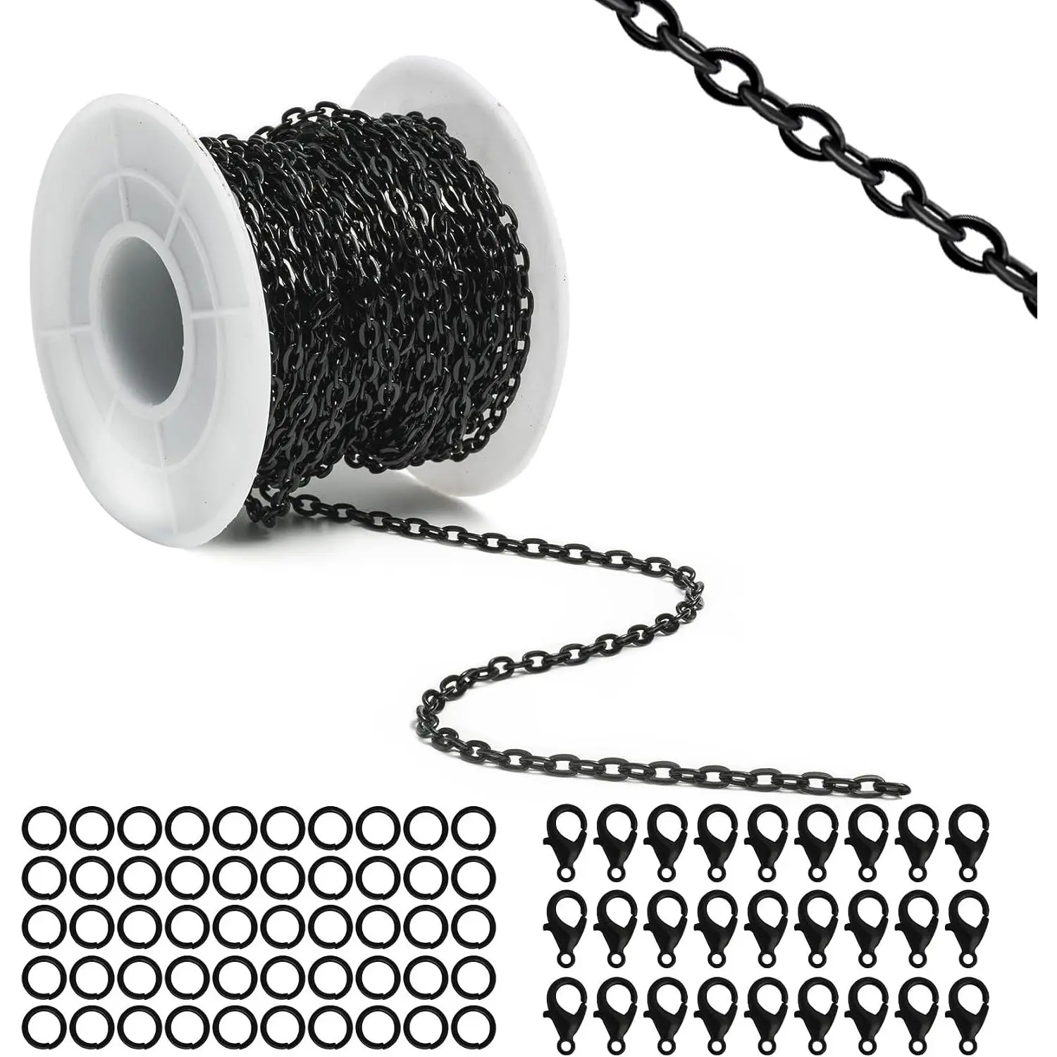 33  Black Chains for  Making,Necklace & Craft |  Chain Roll kit with Lobster Clasps & Jump Ring,O-Shaped,Bulk Metal Curb Links Chains for DIY,Necklace,Crafts,