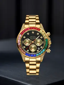 A men's gold new stainless steel trendy versatile multifunctional color diamond high-end quartz watch