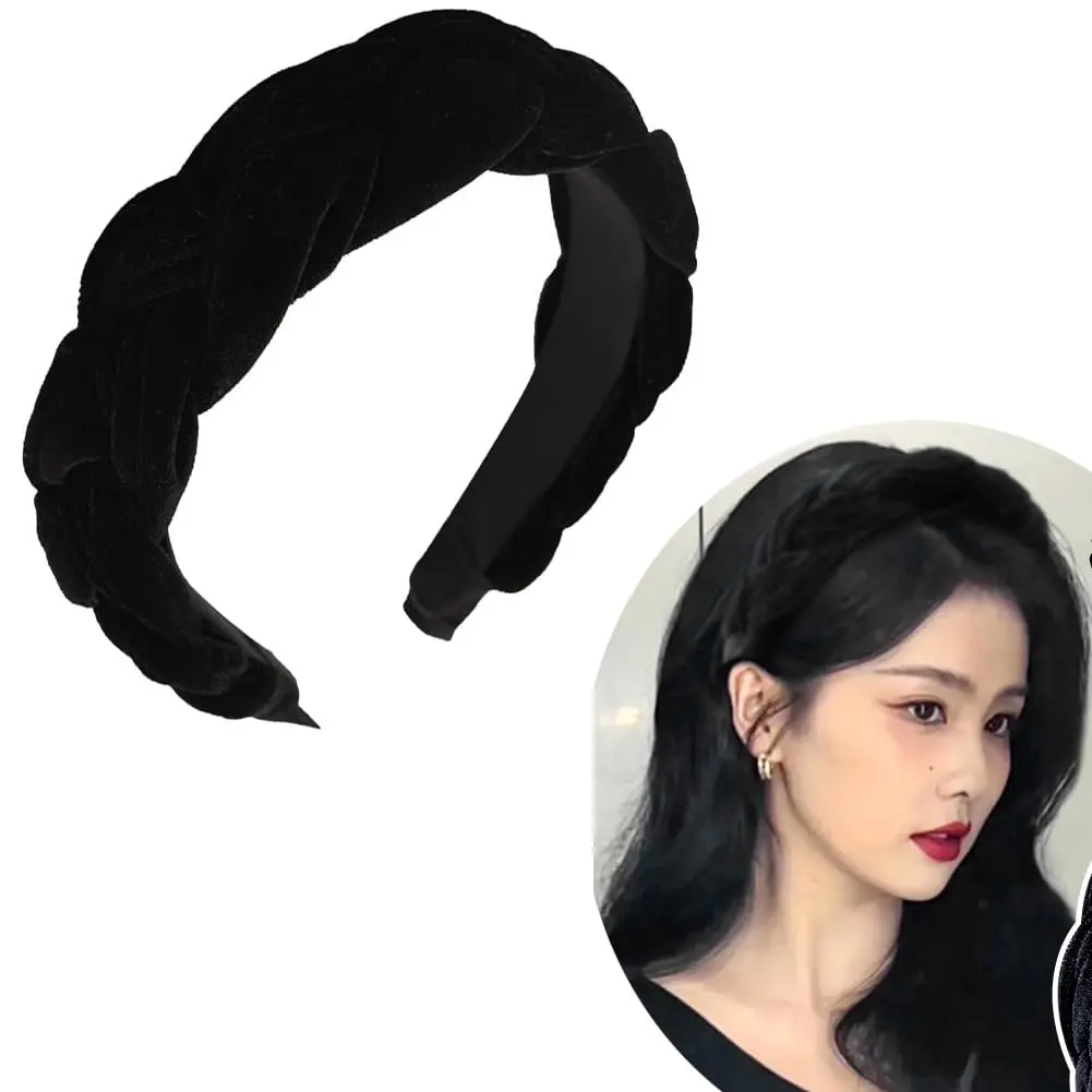 Black  Braided Headbands for Women Padded Wide Hair Bands Braid Headband for Women Girls Non Slip Thick Braided  Bands Chunky Puffy Hair Hoop Band Braids Headband