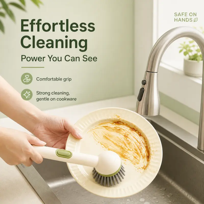 6-in-1 ABS Plastic Dish Cleaner Brush with Soap Dispenser, Adjustable Angle, Rotatable Scrub Function, Wall Mount - Includes Scouring Pad, Ideal for Sink & Pots Kitchen Care