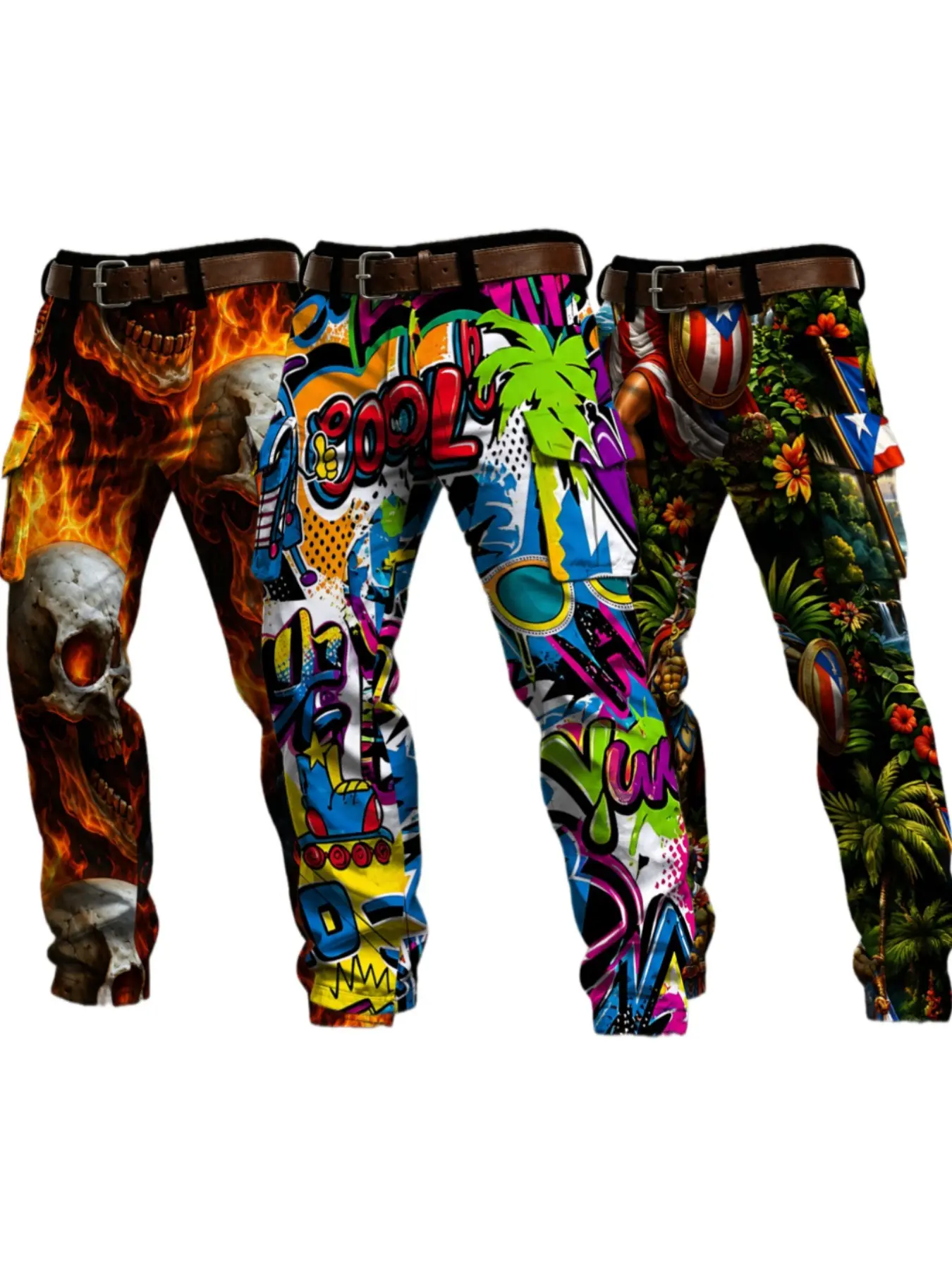 3pcs Men's Flame Skull Street Graffiti Tropical Work Pants Casual Streetwear Pocket Multi-Pocket Trendy Pants for Men